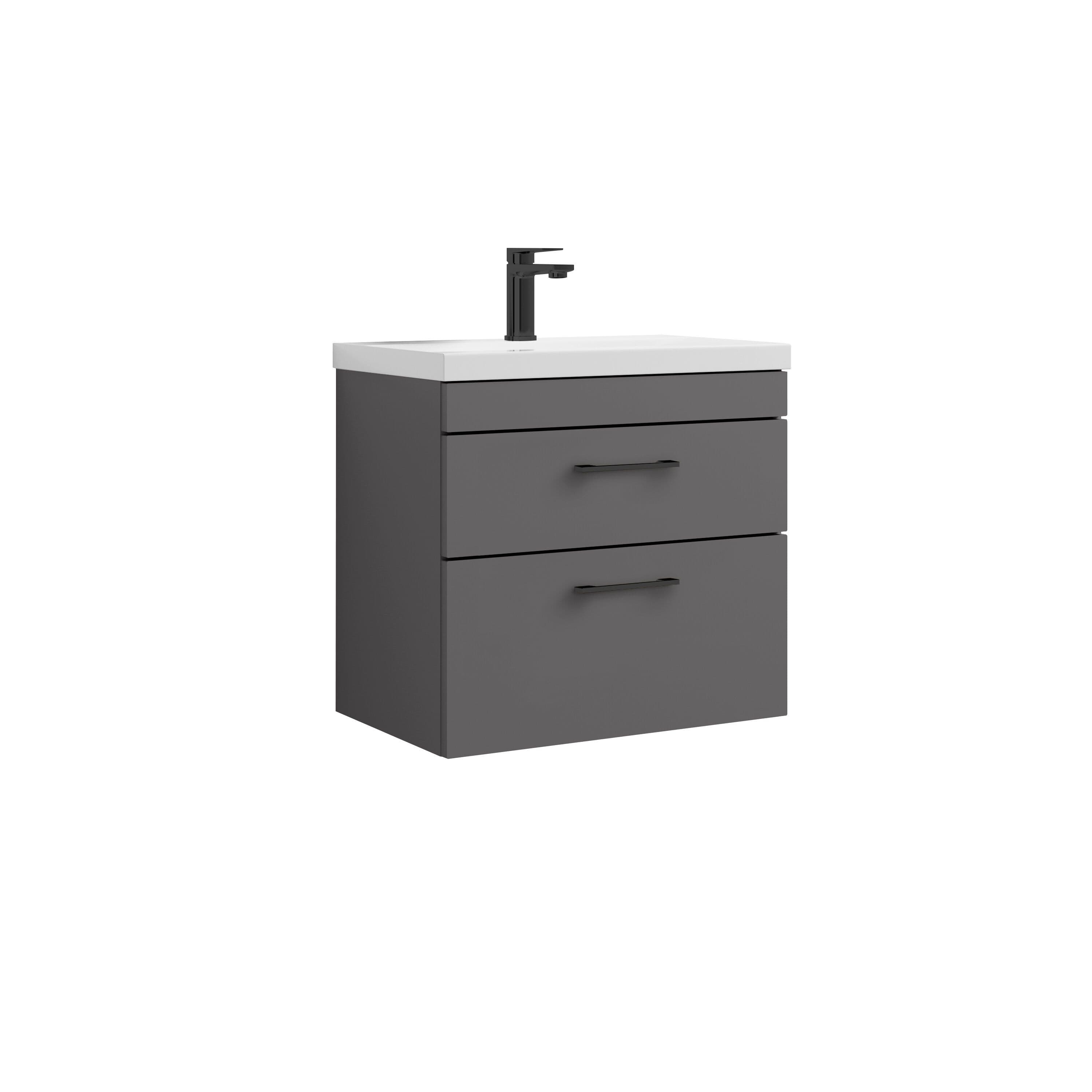 2 Drawer Wall Hung Vanity Basin Unit Gloss Grey Handles 600mm