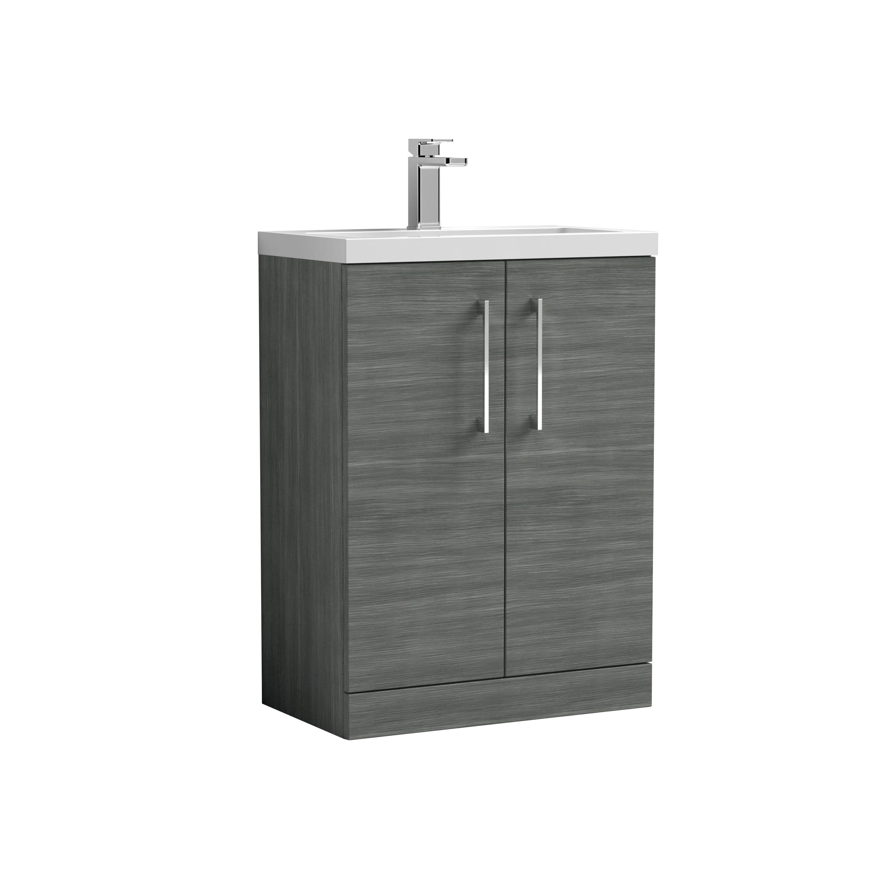 Compact Floor Standing 2 Door Vanity Basin Woodgrain Anthracite 600mm