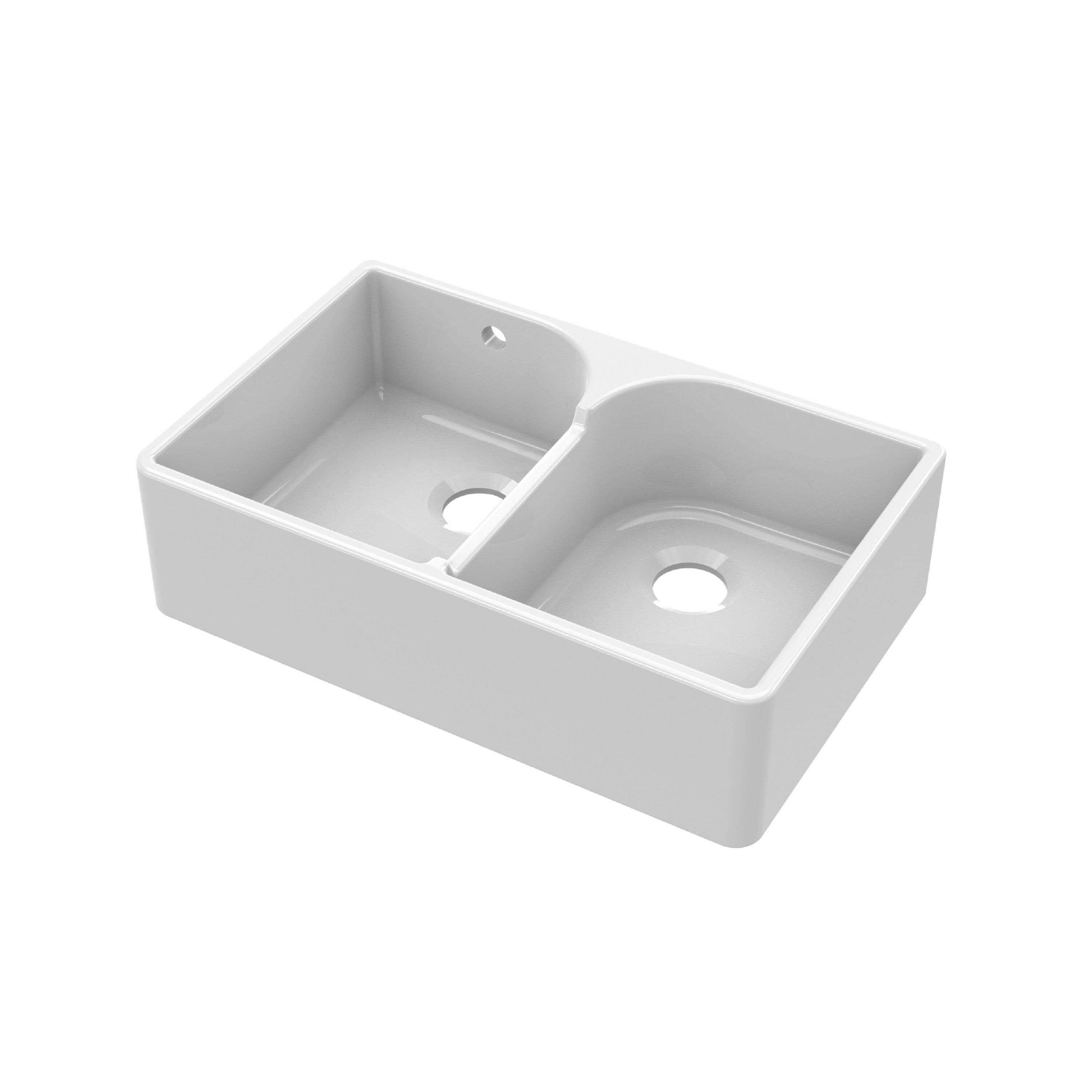 Fireclay 2 Bowl Stepped Weir Butler Sink Overflow No Tap Hole 795mm