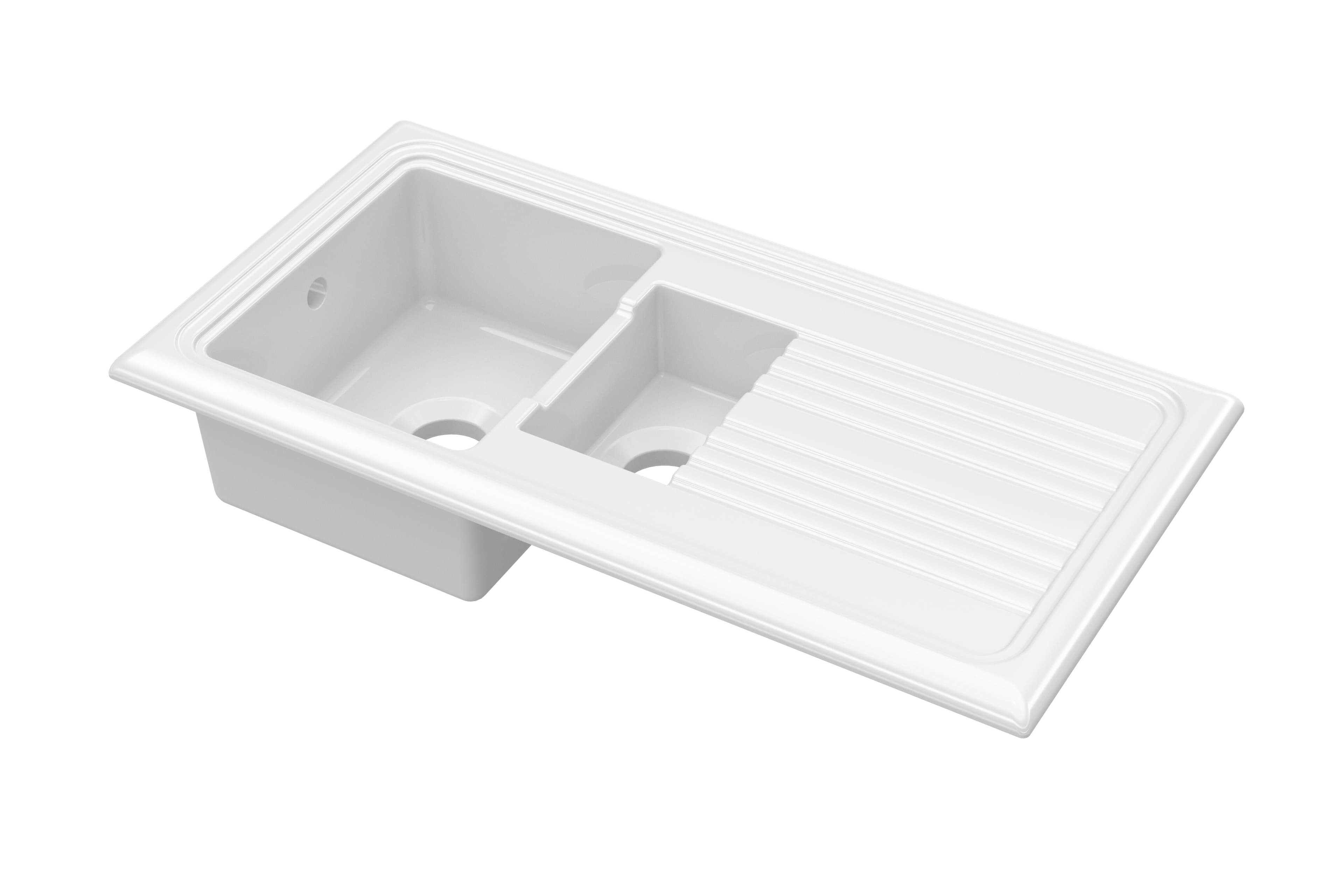 Fireclay Ceramic 1.5 Bowl Kitchen Sink Grooved Drainer No Waste