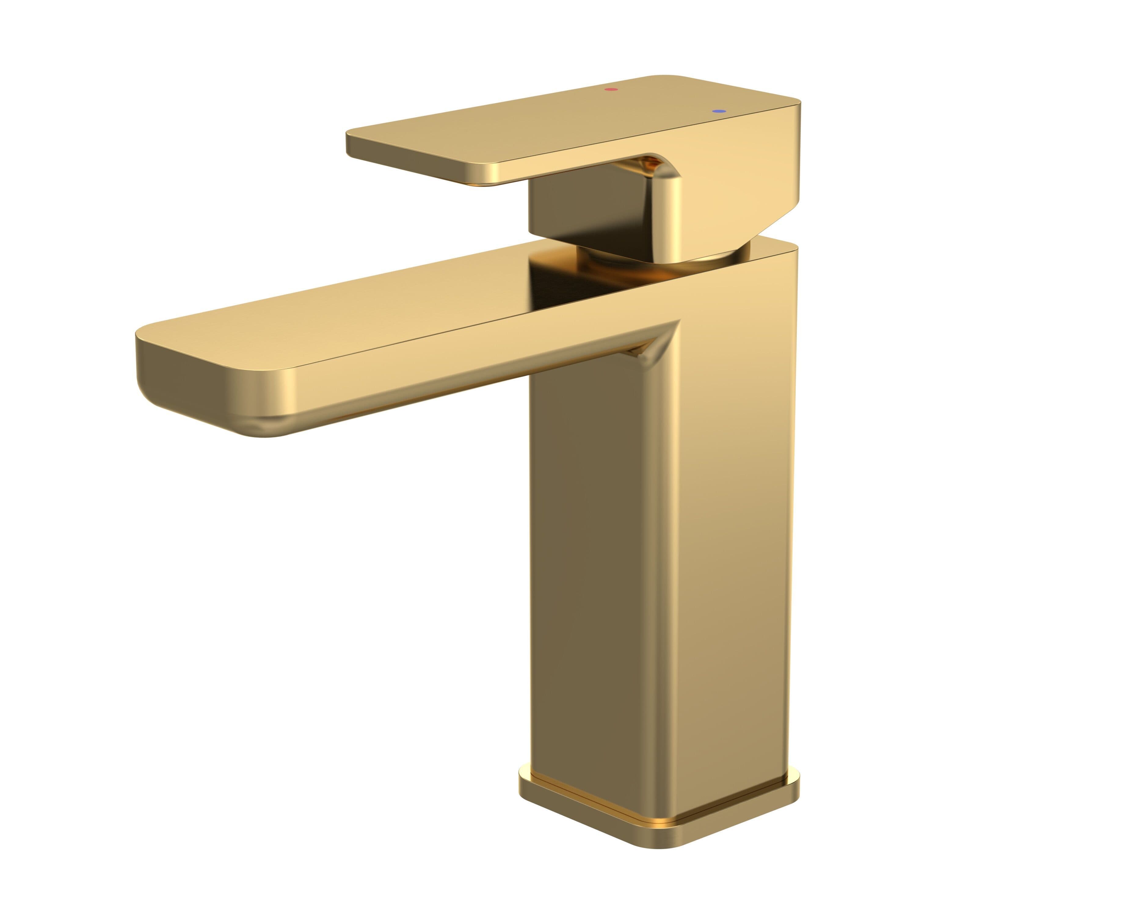 Square Mono Basin Mixer Tap Push Button Waste Brushed Brass