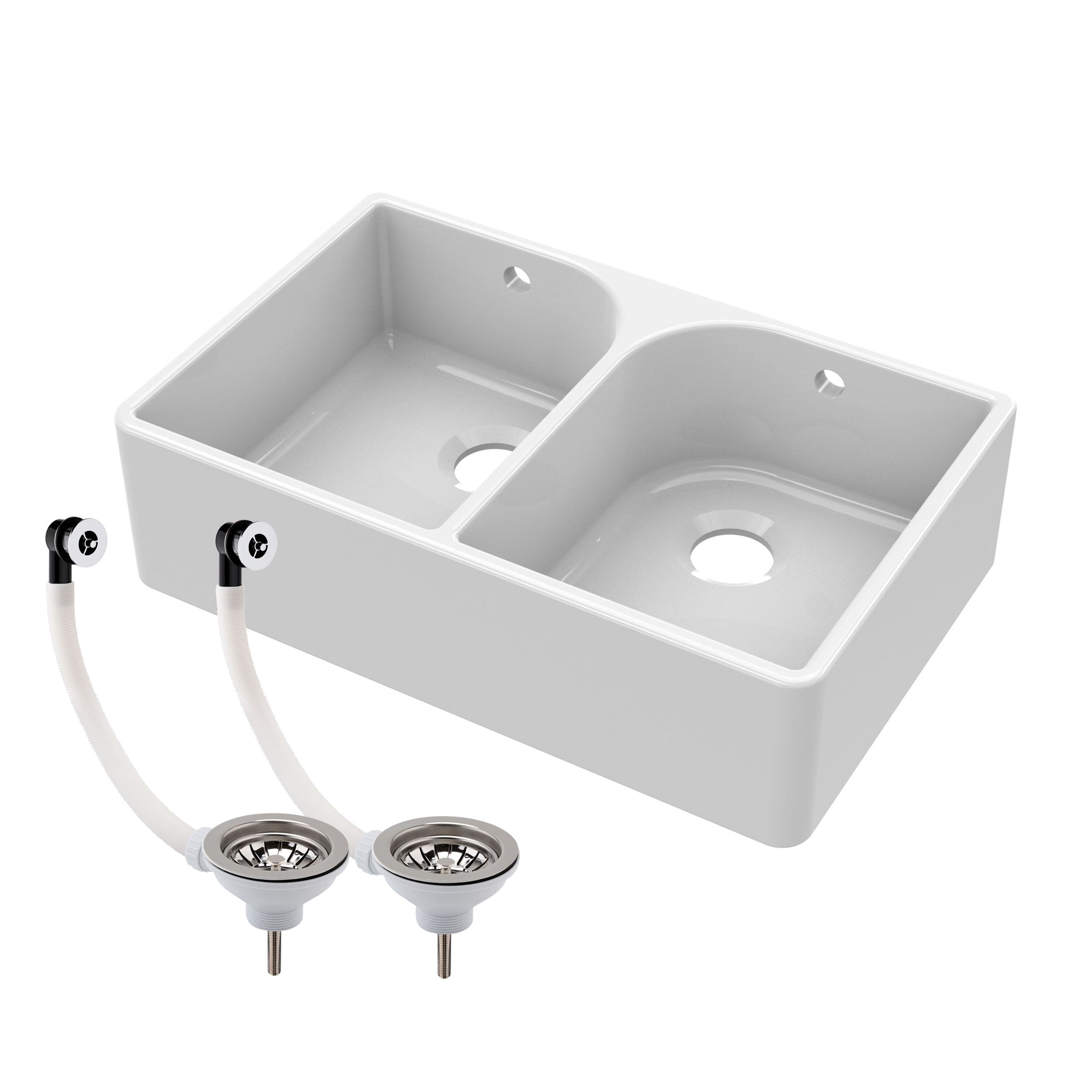 2 Bowl Fireclay Butler Sink Full Weir Overflows Wastes 795x500x220mm