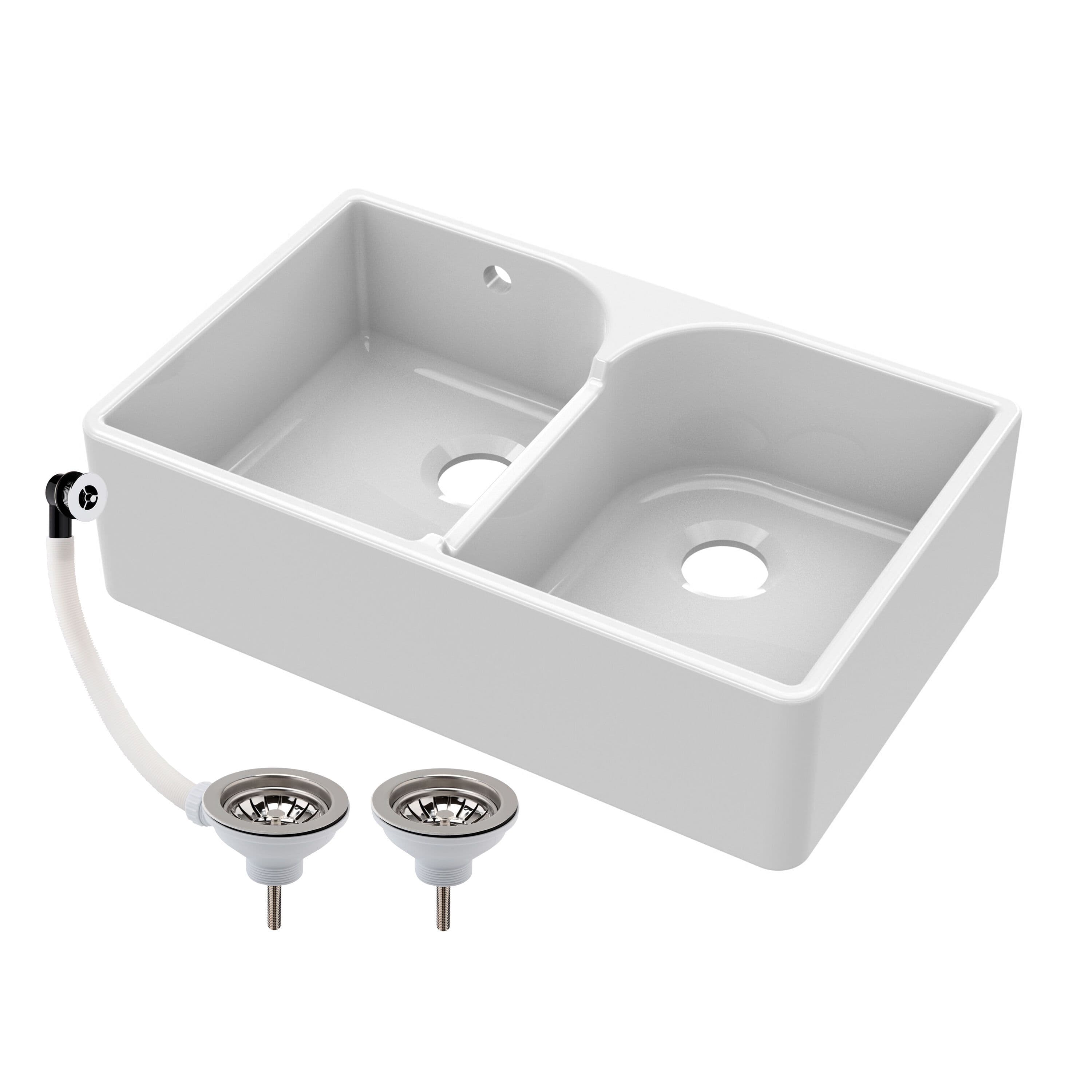 2 Bowl Fireclay Butler Sink Stepped Weir Wastes 795x500x220mm