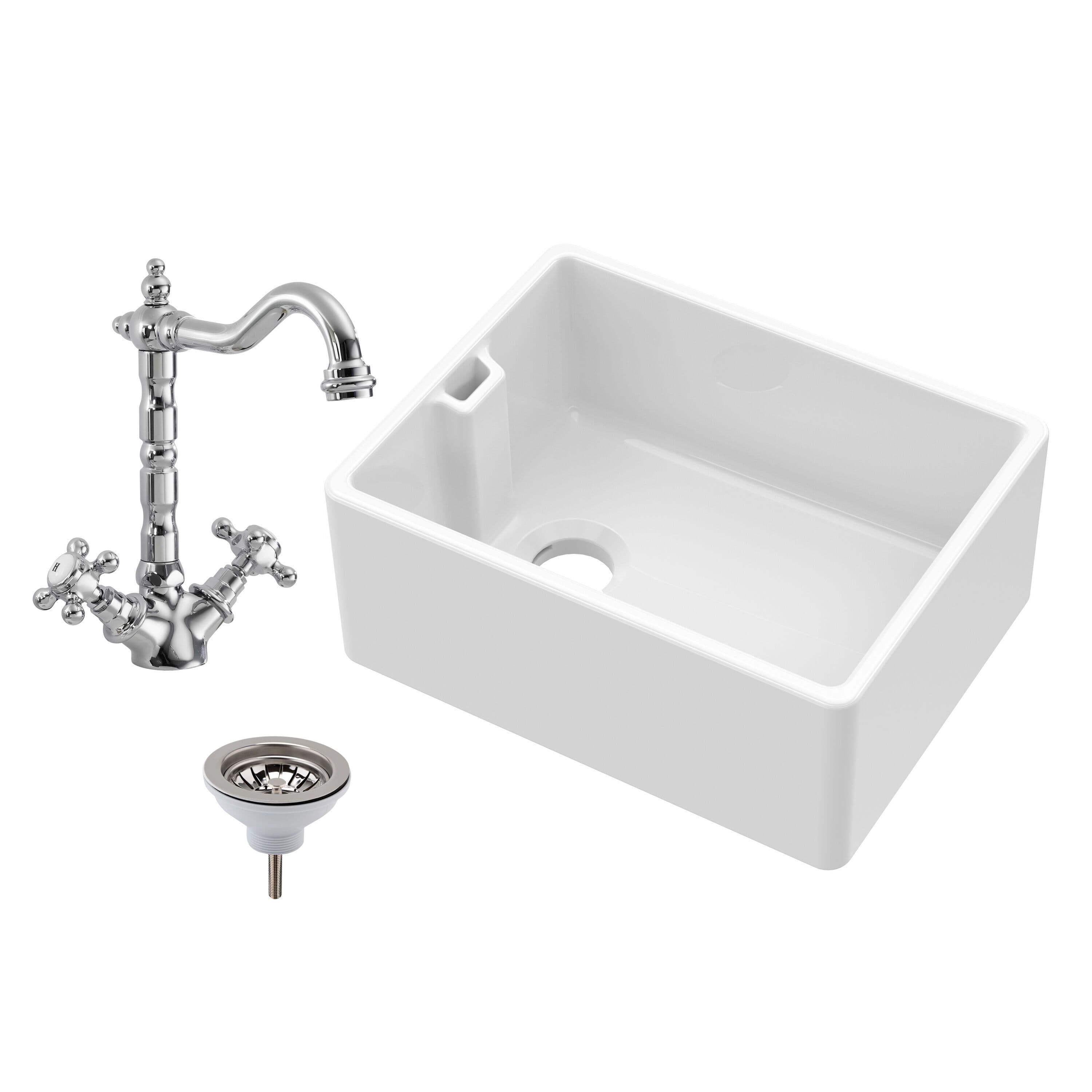1 Bowl Fireclay Belfast Sink Basket Strainer Waste Sink Mixer Tap