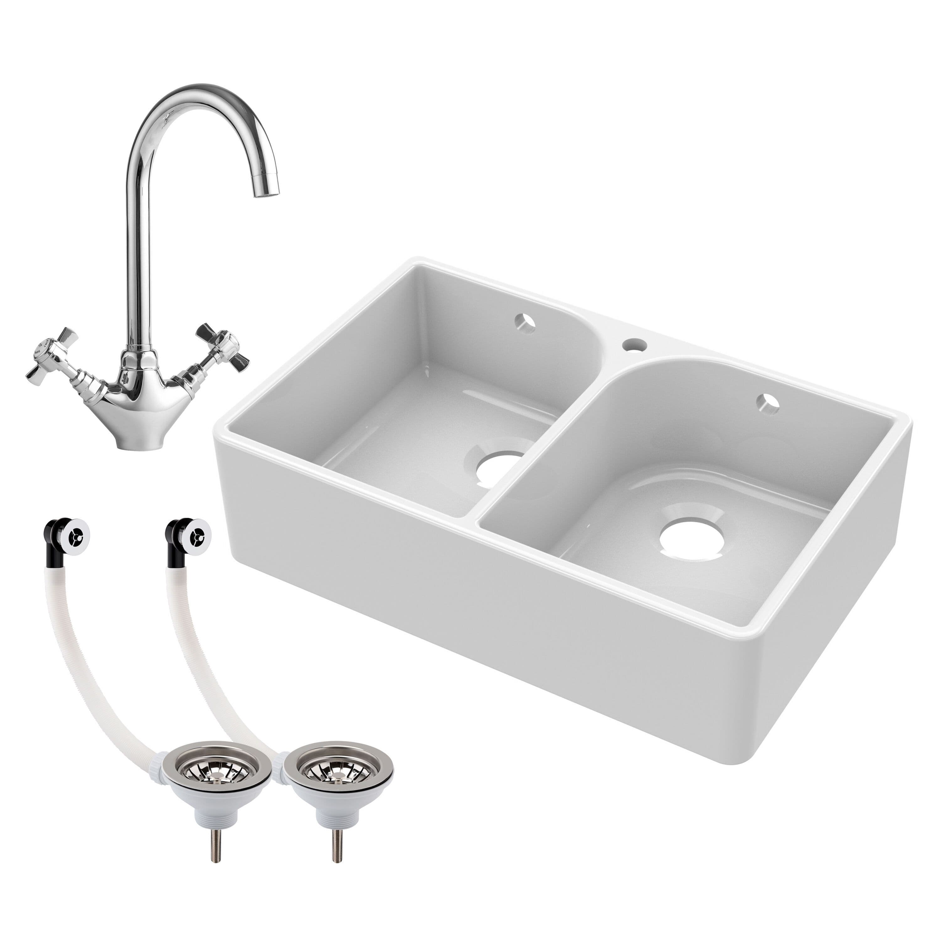2 Bowl Fireclay Belfast Sink Tap Hole Full Wier Waste Mono Mixer Tap