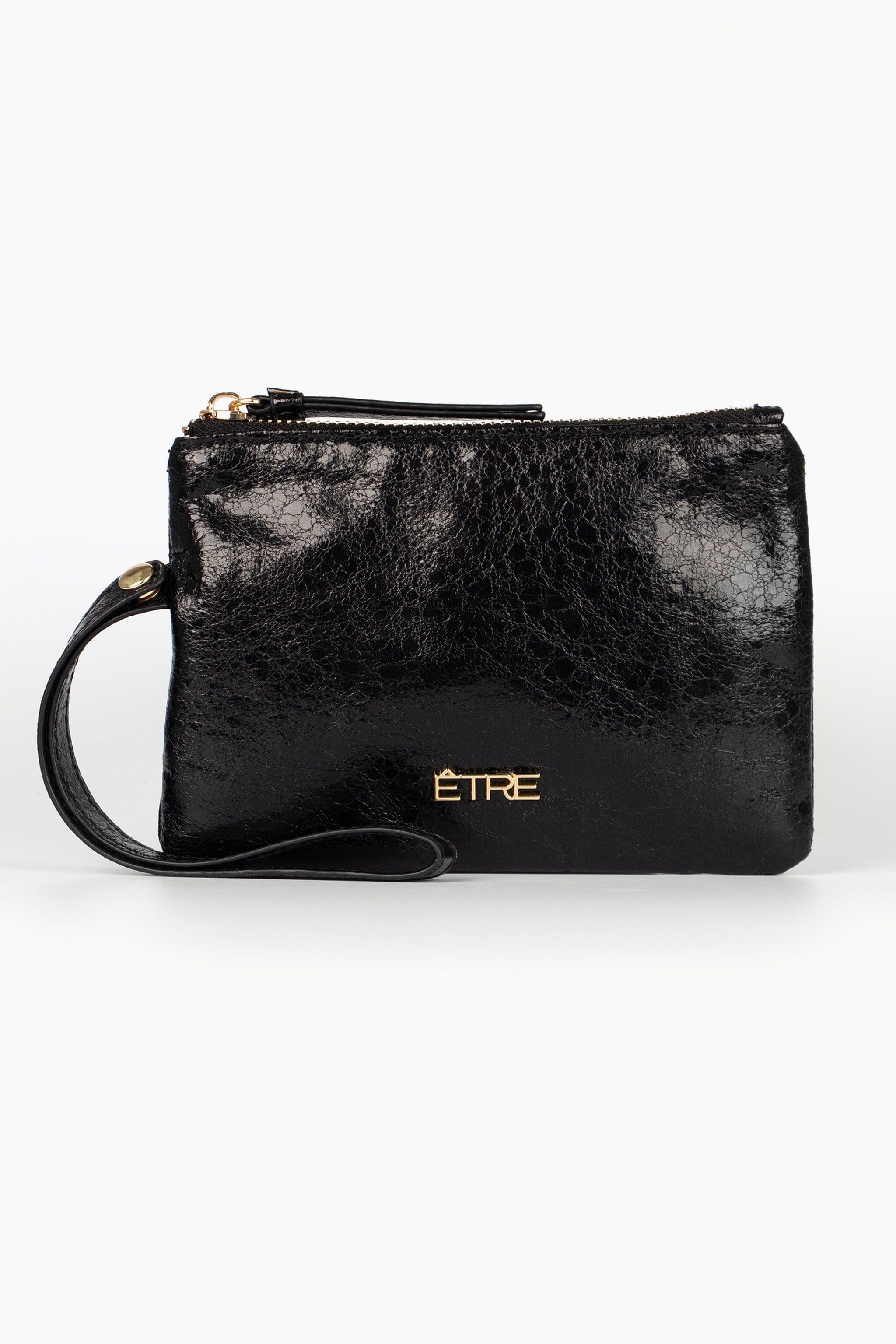 Astrid Wristlet Purse Black Cracked Metallic Faux Leather