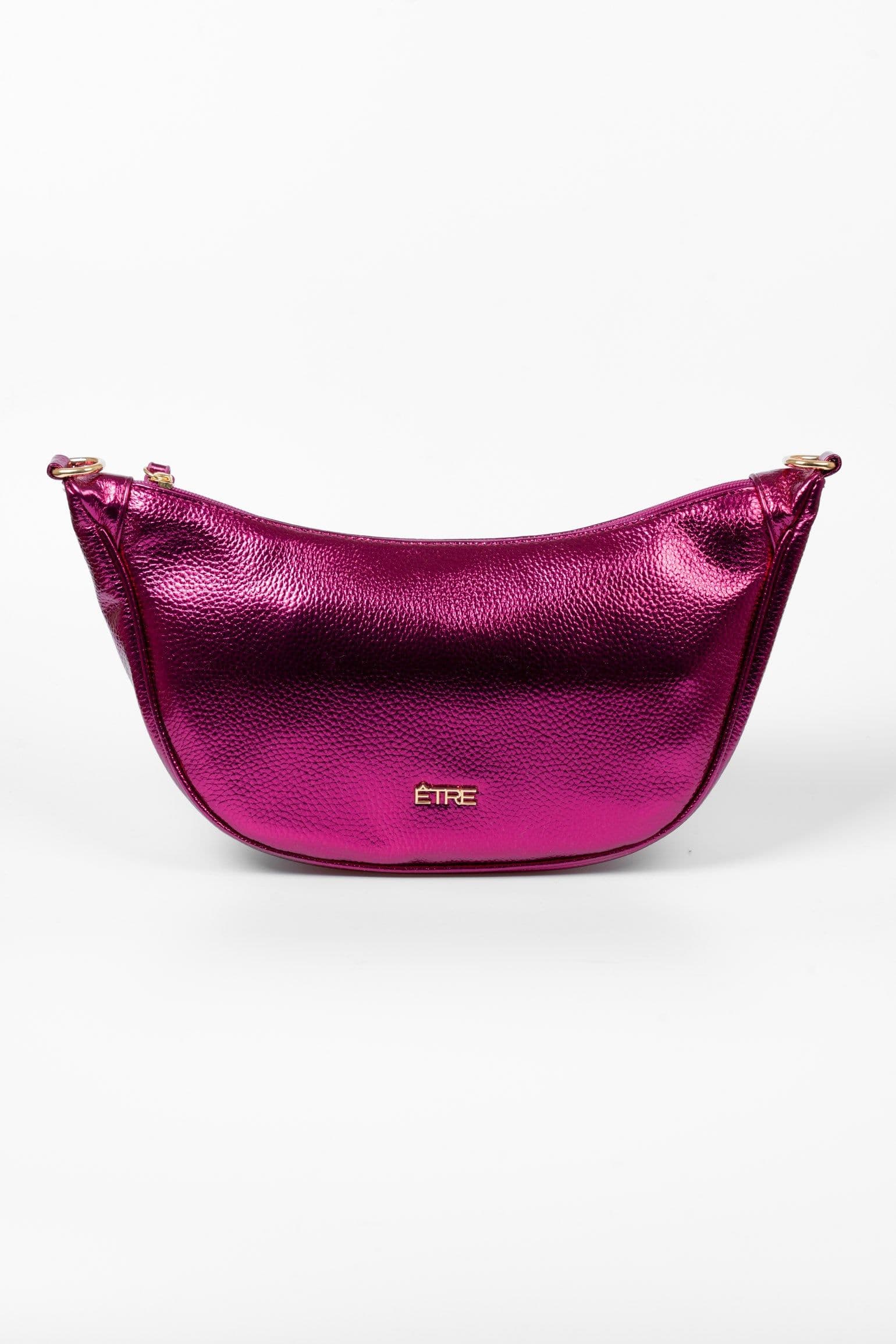 Hot Pink Metallic Faux Leather Half Moon Crossbody Bag