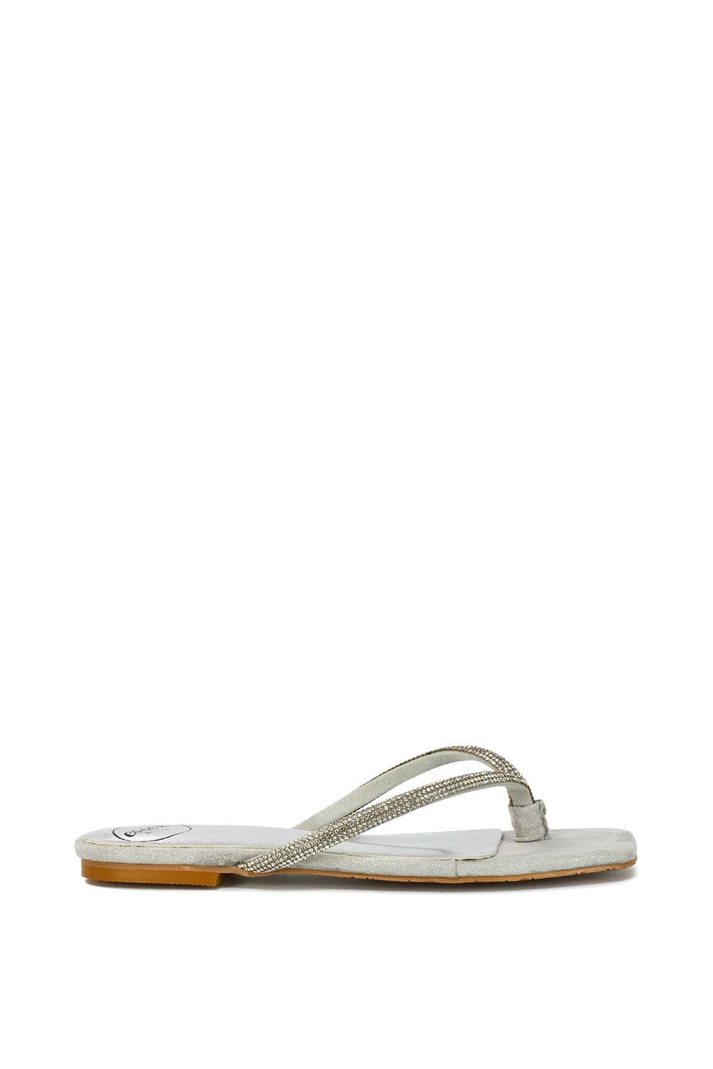 XY London Women's 'Raina' Square Toe Thong Strap Flat Diamante Sandal Slides in Silver | Size: 6
