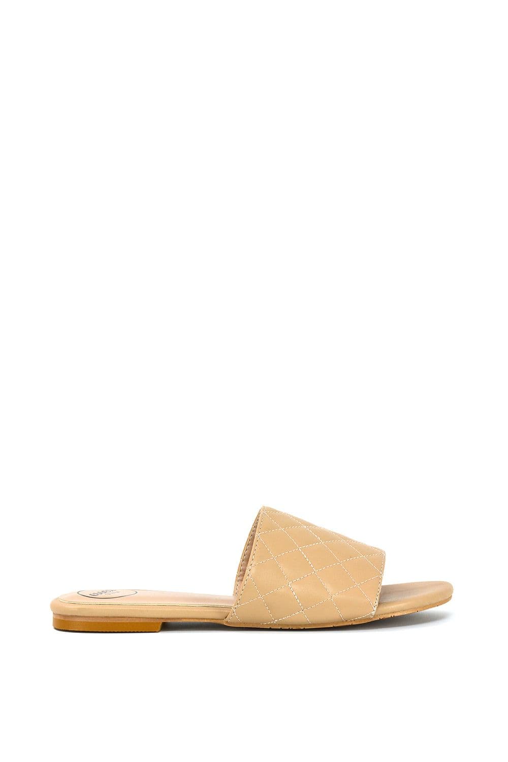 XY London Women's 'Saylor' Quilted Detail Strappy Sandal Flat Sliders in Nude | Size: 5
