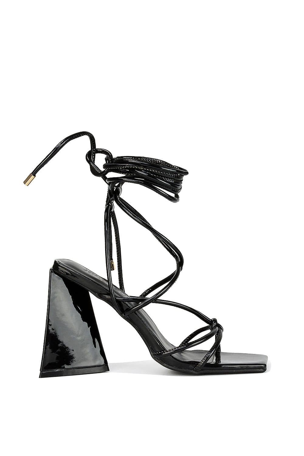 XY London Women's 'Krystal' Strappy Lace Up Square Toe Flared Block High Heel in True Black | Size: 4