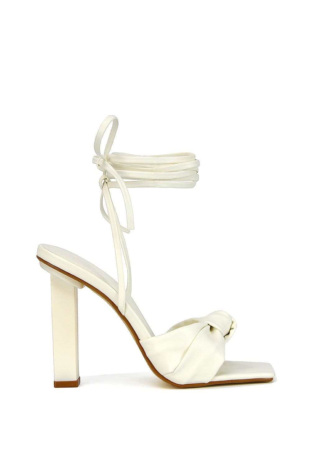 XY London Women's 'Evelyn' Knot Detail Strappy Lace Up Square Toe Block High Heel Sandals in White | Size: 6
