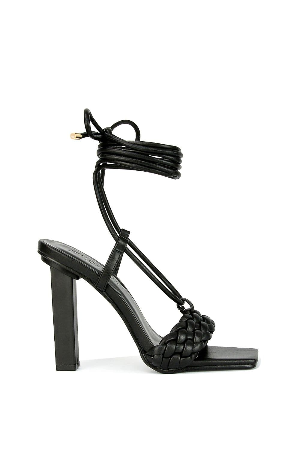 XY London Women's 'Mira' Woven Strap Lace Up Strappy Block Square Toe Heels in Black | Size: 3