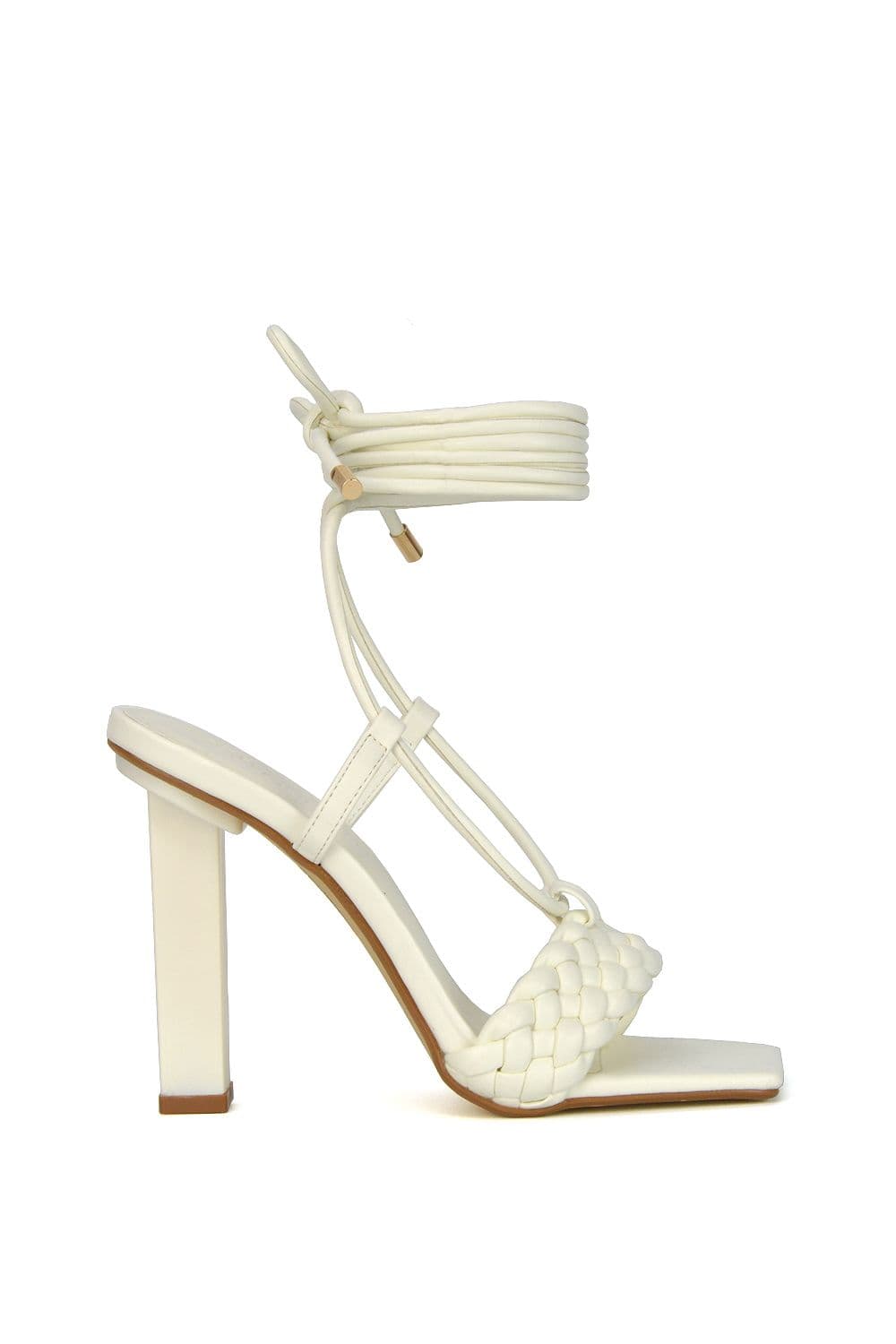 XY London Women's 'Mira' Woven Strap Lace Up Strappy Block Square Toe Heels in White | Size: 5