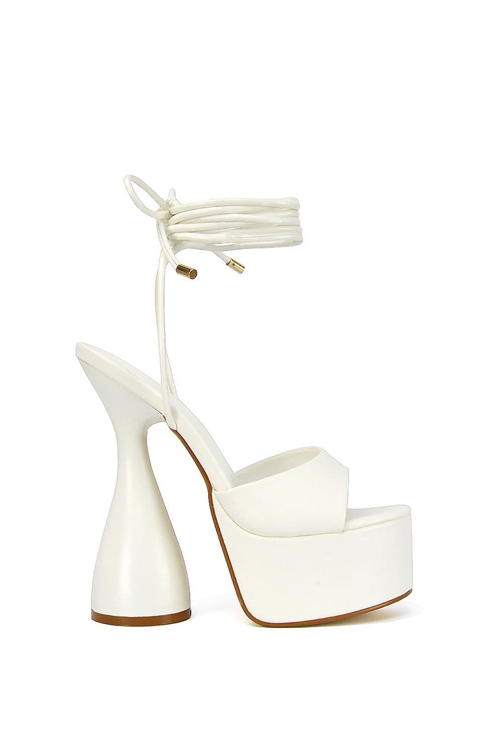 XY London Women's 'Celeste' Lace Up Peep Toe Platform Sculptured Cylinder High Heel Sandals in White | Size: 7