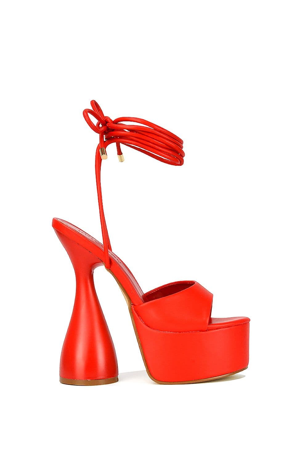 XY London Women's 'Celeste' Lace Up Peep Toe Platform Sculptured Cylinder High Heel Sandals in Red | Size: 6