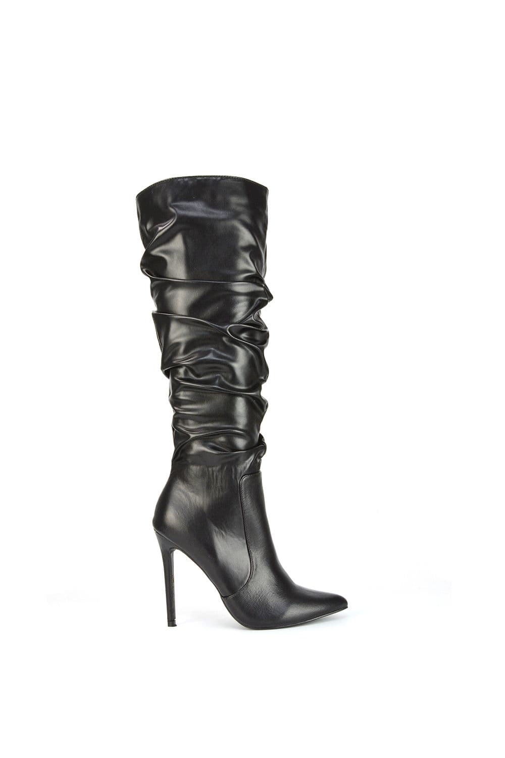 XY London Women's 'Milani' Ruched Pointed Toe Stiletto Heel Knee High Boots in Black | Size: 3