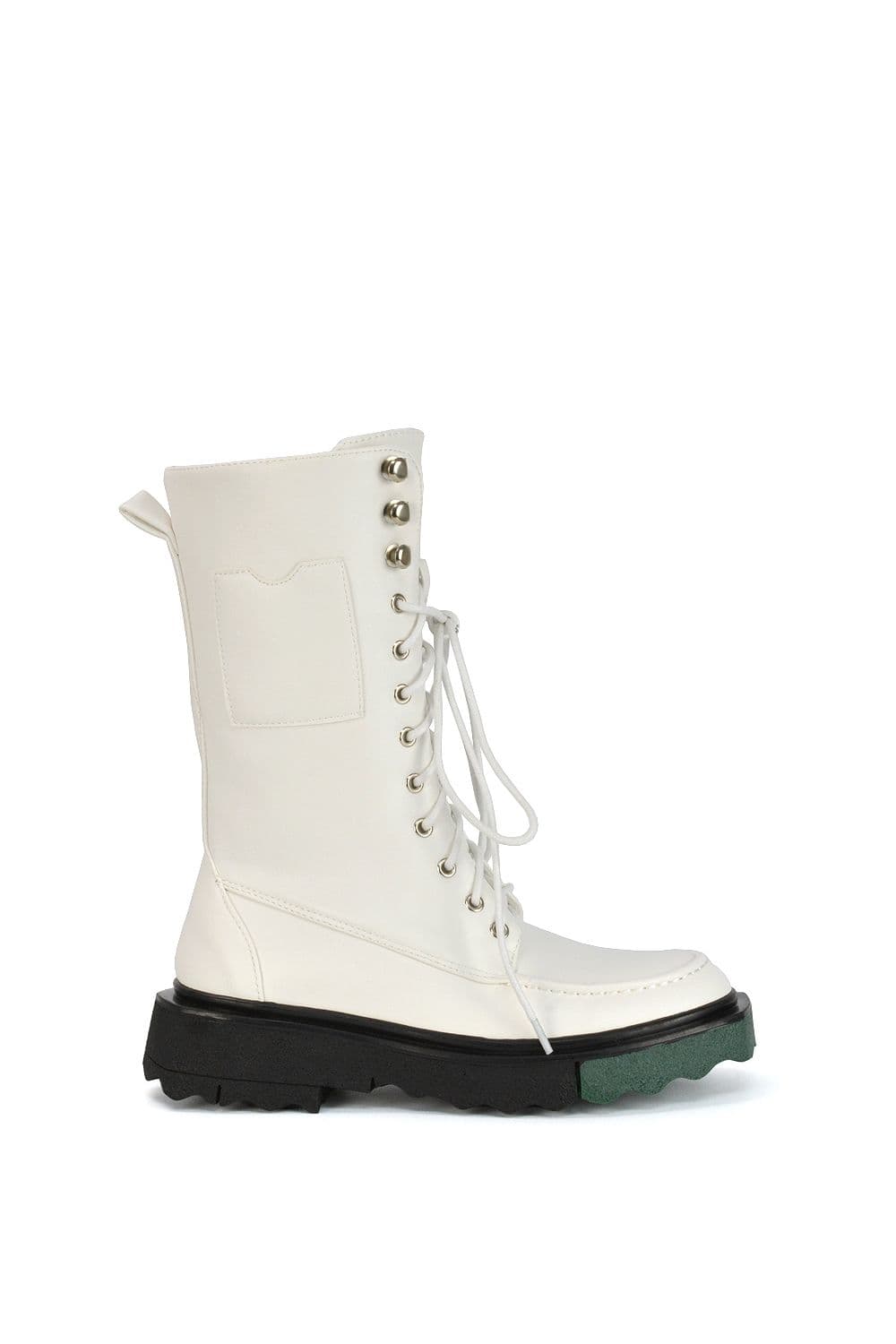 XY London Women's 'Blakely' Flat Wedge Green Sole Biker Lace Up Ankle Boots in White | Size: 4