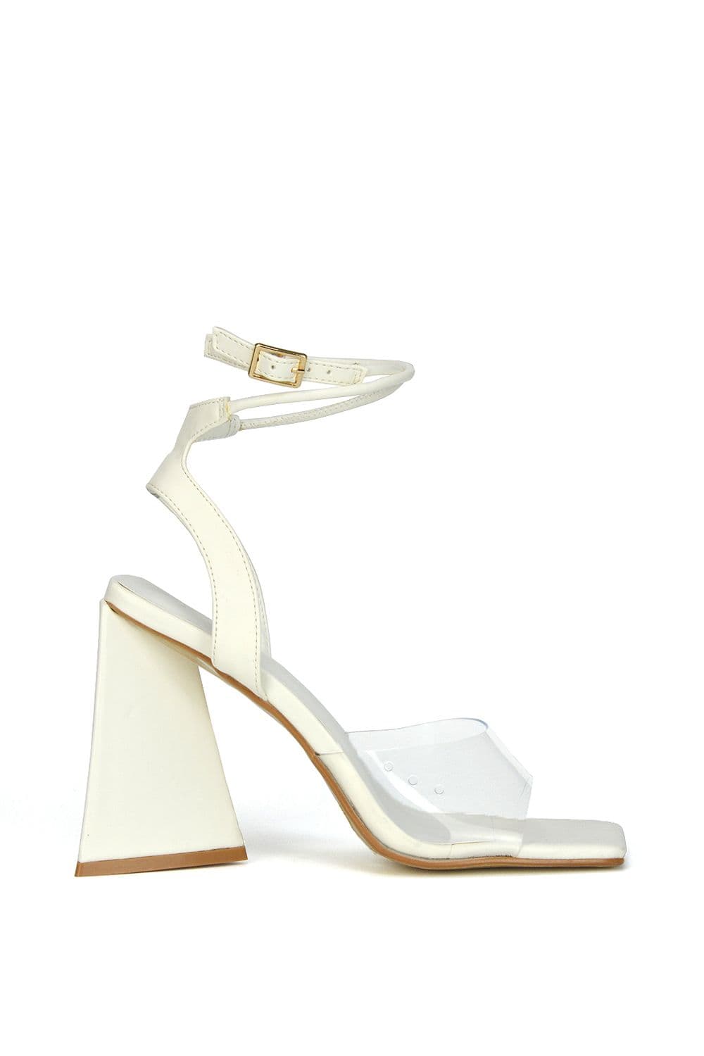 XY London Women's 'Dahlia' Lace Up Ankle Strappy Perspex Square Toe Chunky Block High Heels in White | Size: 5