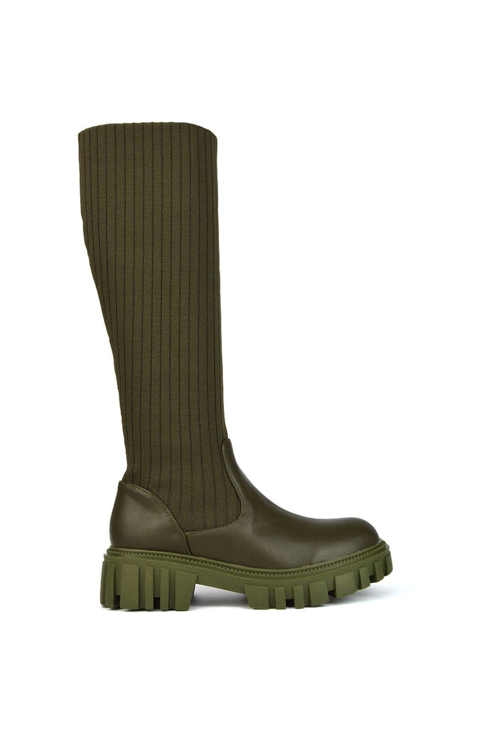 XY London Women's 'Kirsten' Knitted Sock Knee High Boots with Chunky Sole in Khaki | Size: 4