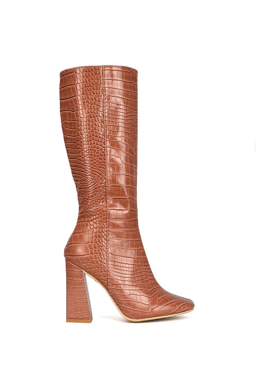XY London Women's 'Mina' Mid-Calf Heeled Boots Croc Print in Brown | Size: 4