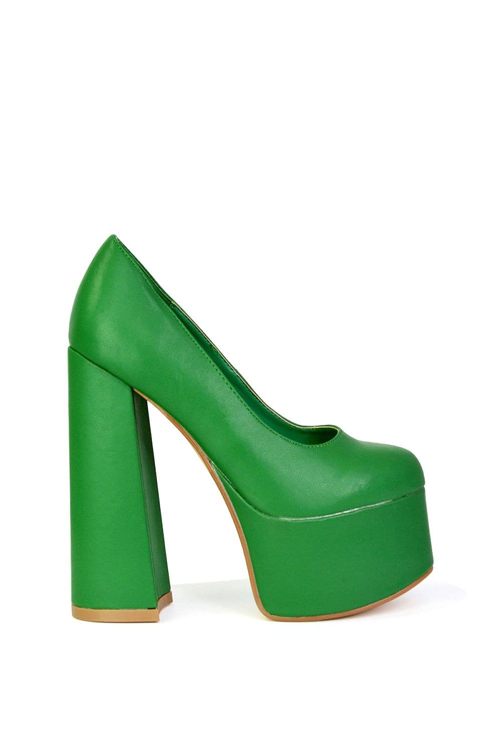 XY London Women's 'Kiwi' Chunky Block Super High Heel Statement Closed Toe Platform Court Shoes in Green | Size: 5