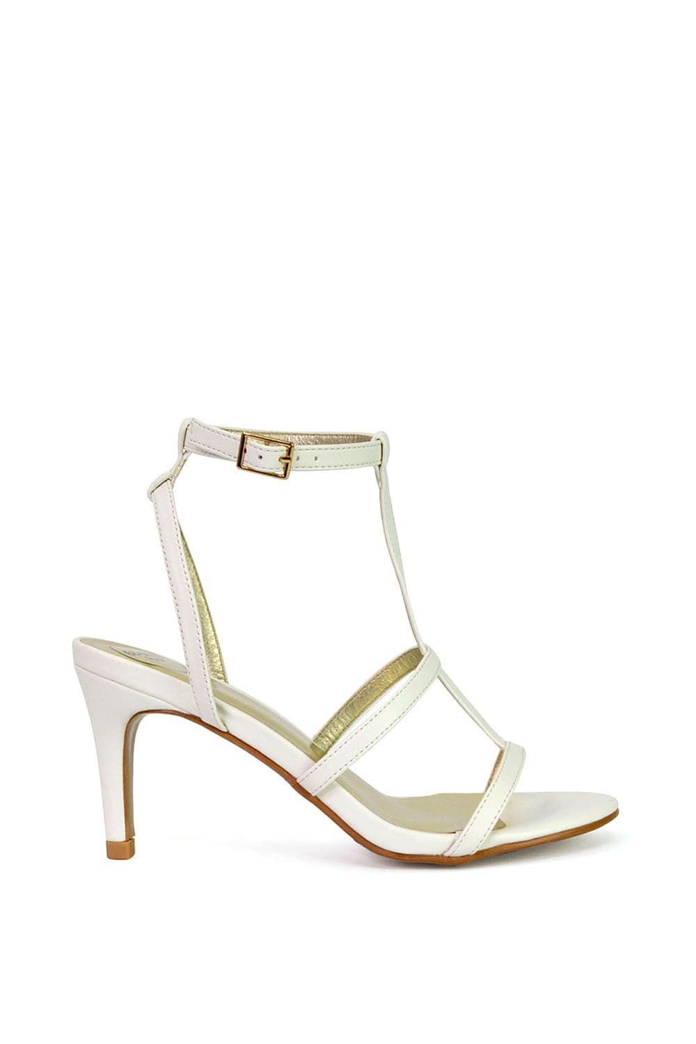 XY London Women's 'Beaux' Caged Cut Out Detail Mid High Heel Stiletto Ankle Strappy Sandals in White | Size: 8