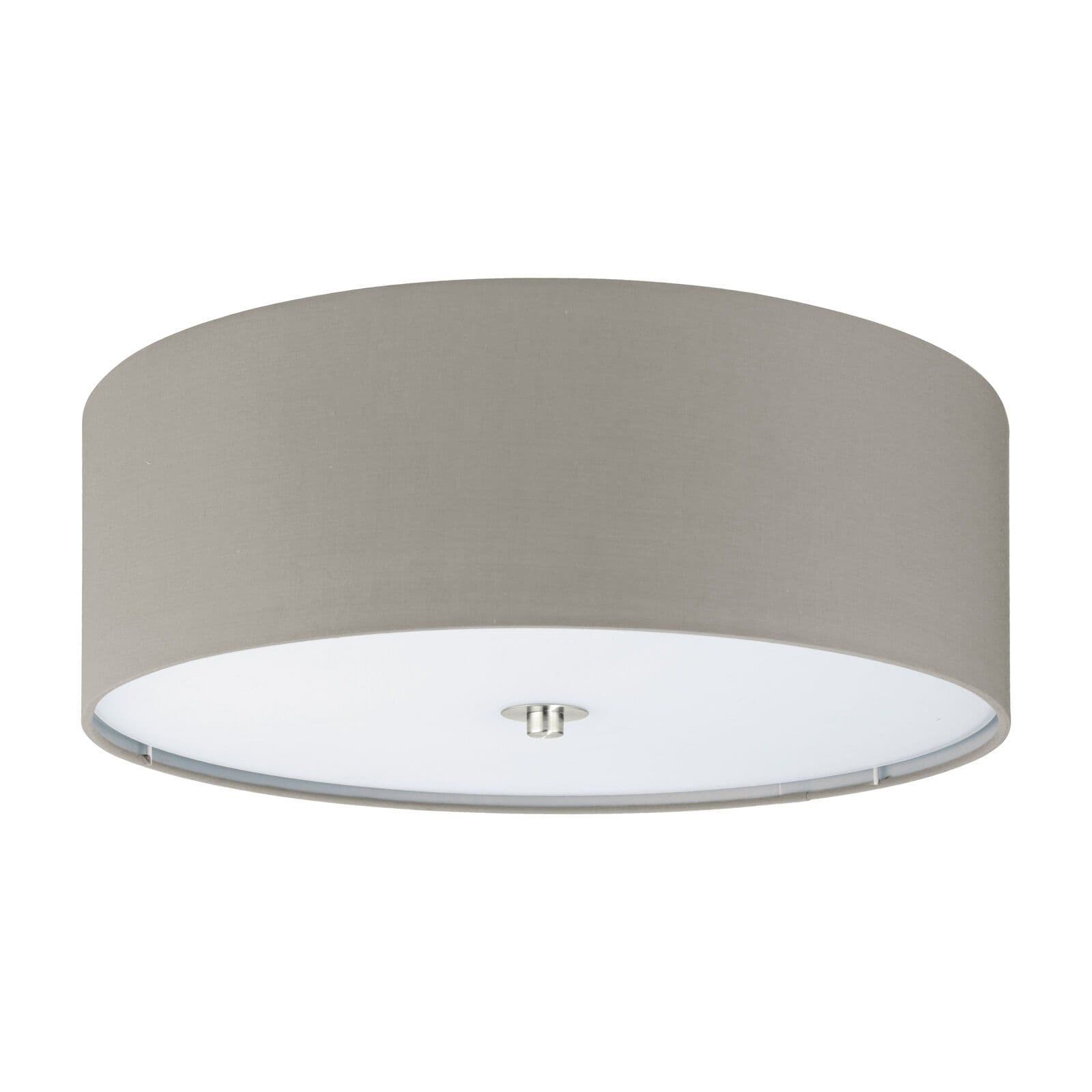 Flush Ceiling Light Colour Satin Nickel Shade Taupe Fabric Glass Bulb E27 3x60W