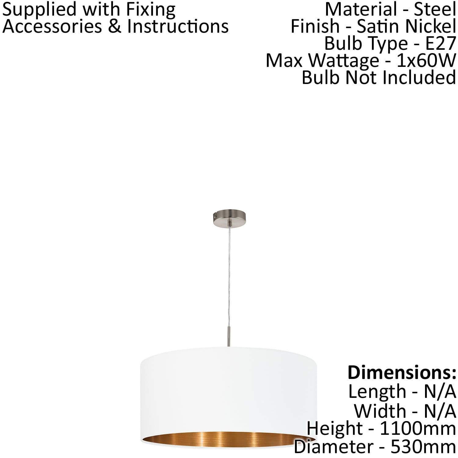 Pendant Light Satin Nickel Shade Copper Fabric Bulb E27 1x60W
