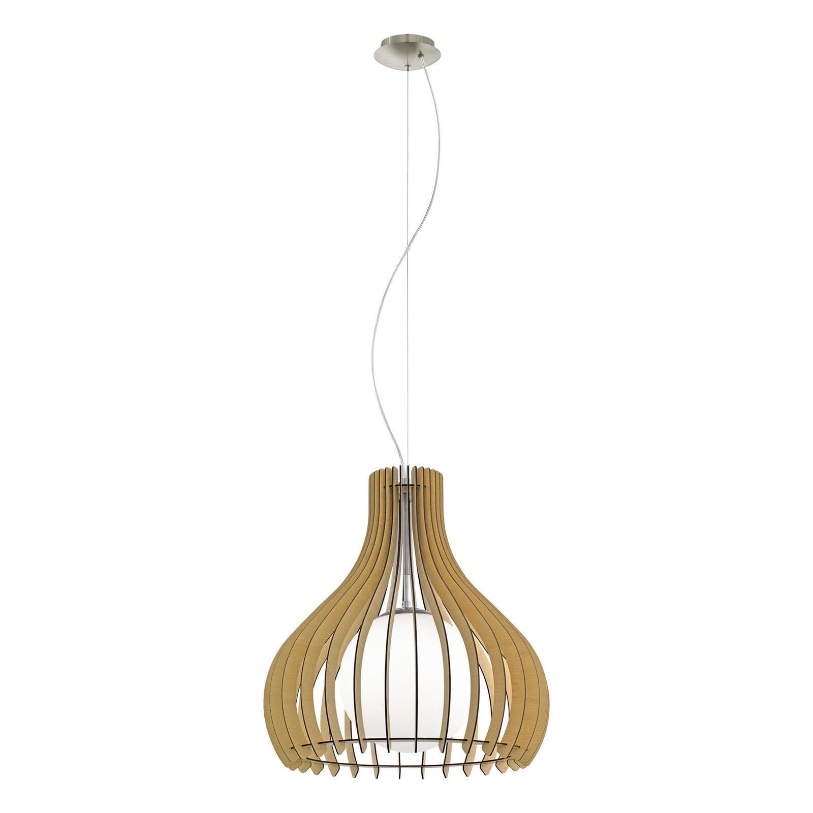 Pendant Ceiling Light Satin Nickel Shade Maple Wood Glass Bulb E27 1x60W