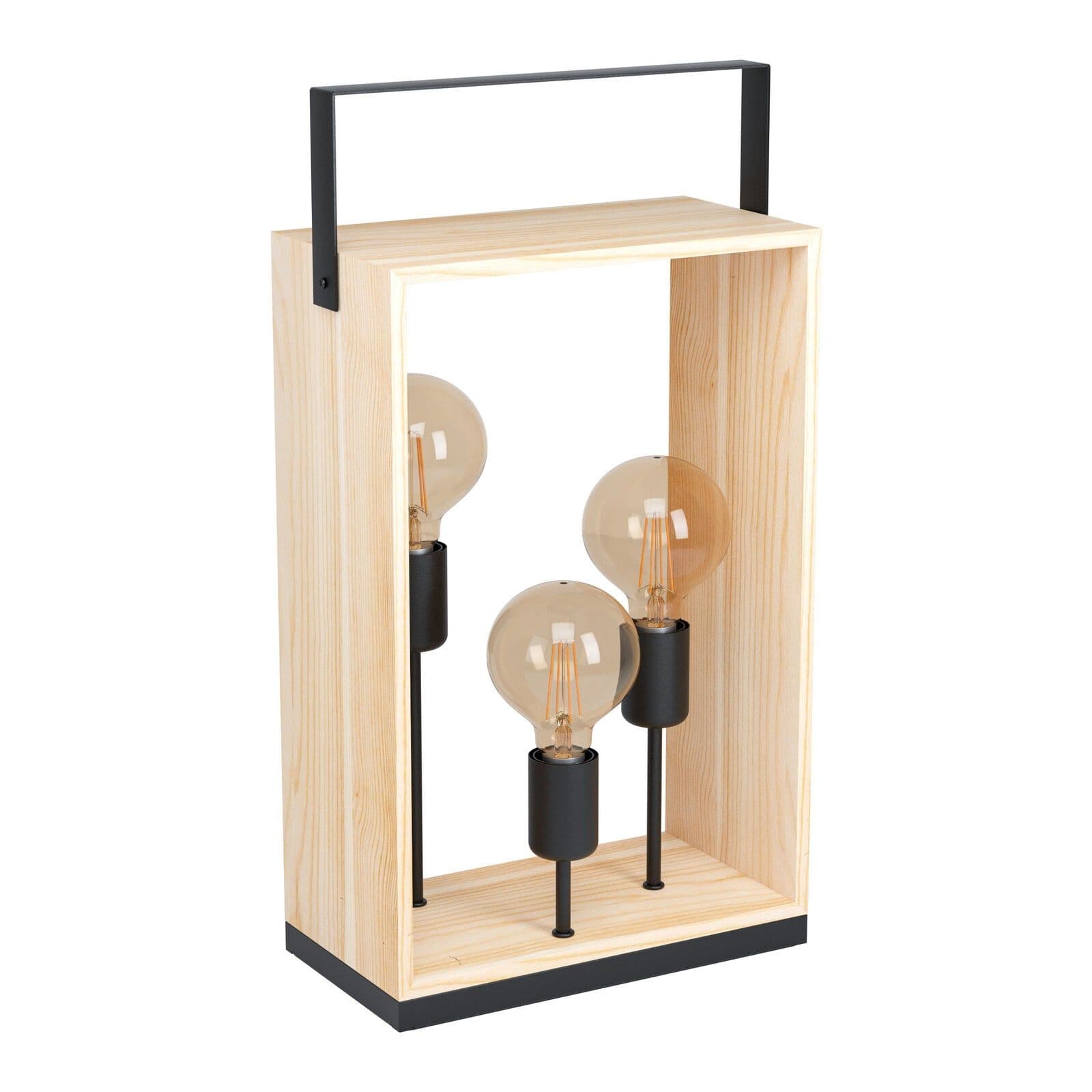 Table Lamp Desk Light & Natural Steel & Wood Box 3 x 40W E27 Bulb