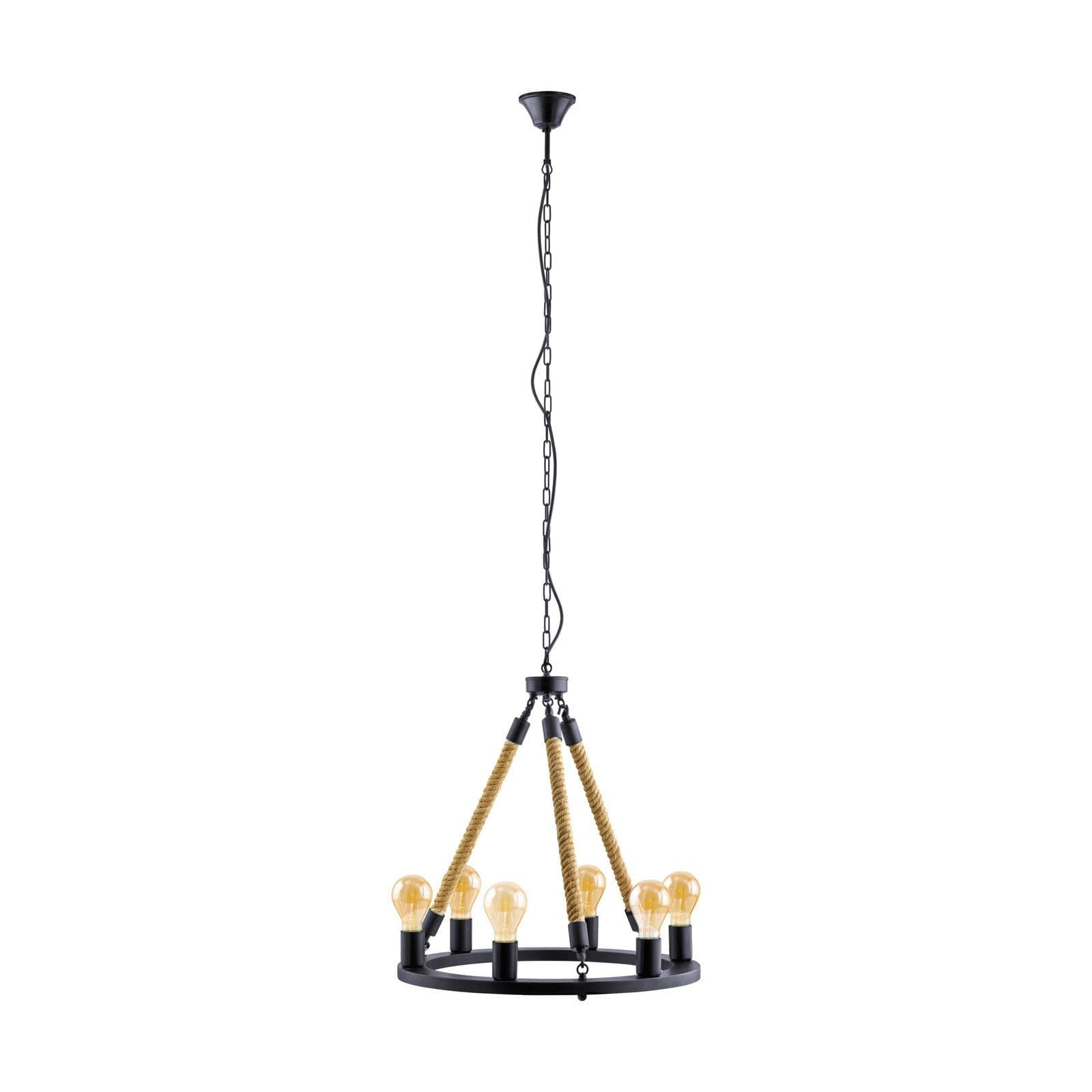 Hanging Ceiling Pendant Light & Rope 6x 60W E27 Round Feature Chandelier
