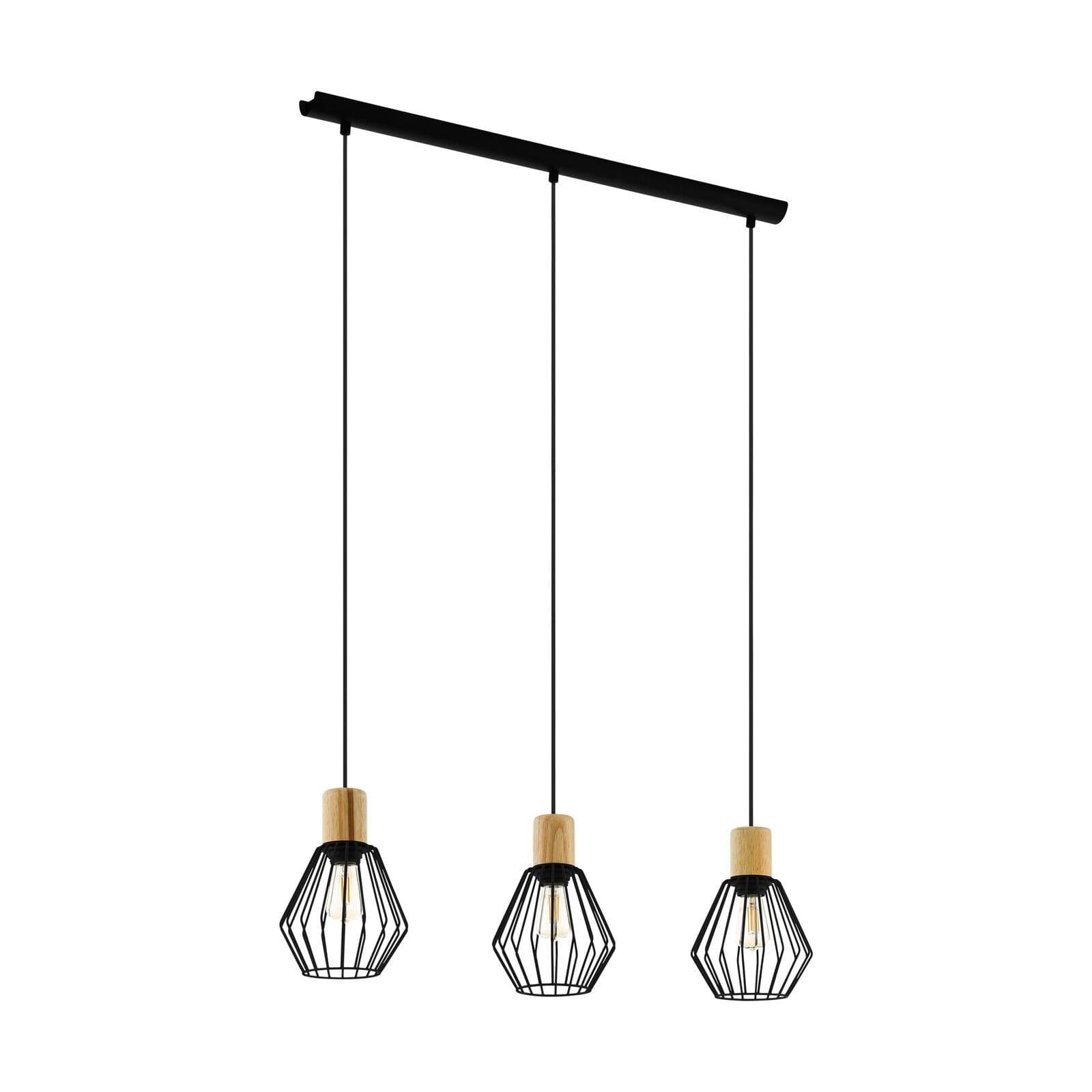 Hanging Ceiling Pendant Light Cage & Wood 3x E27 Bulb Kitchen Feature