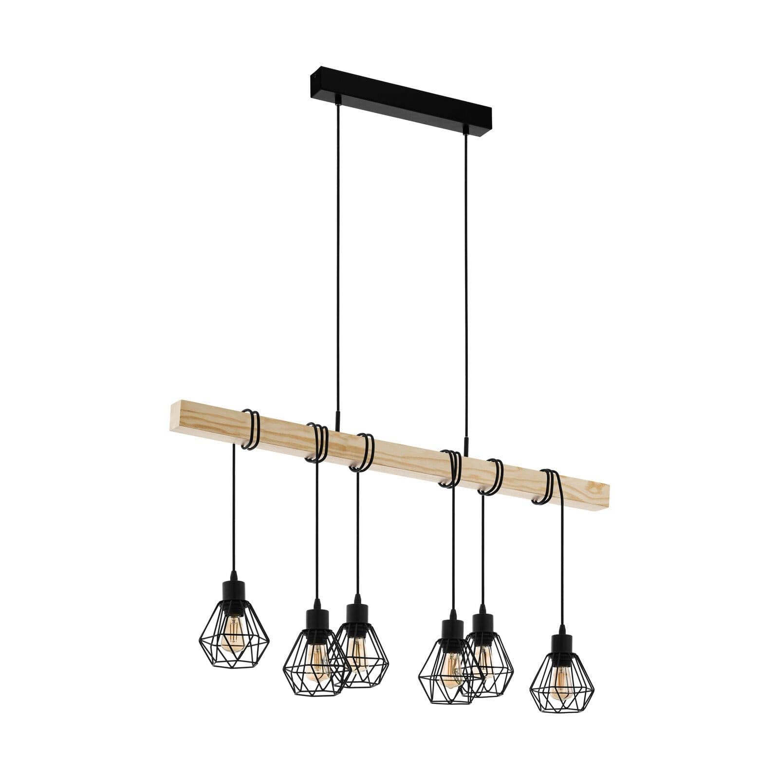 Hanging Ceiling Pendant Light Cage & Wood 6x E27 Kitchen Island Lamp