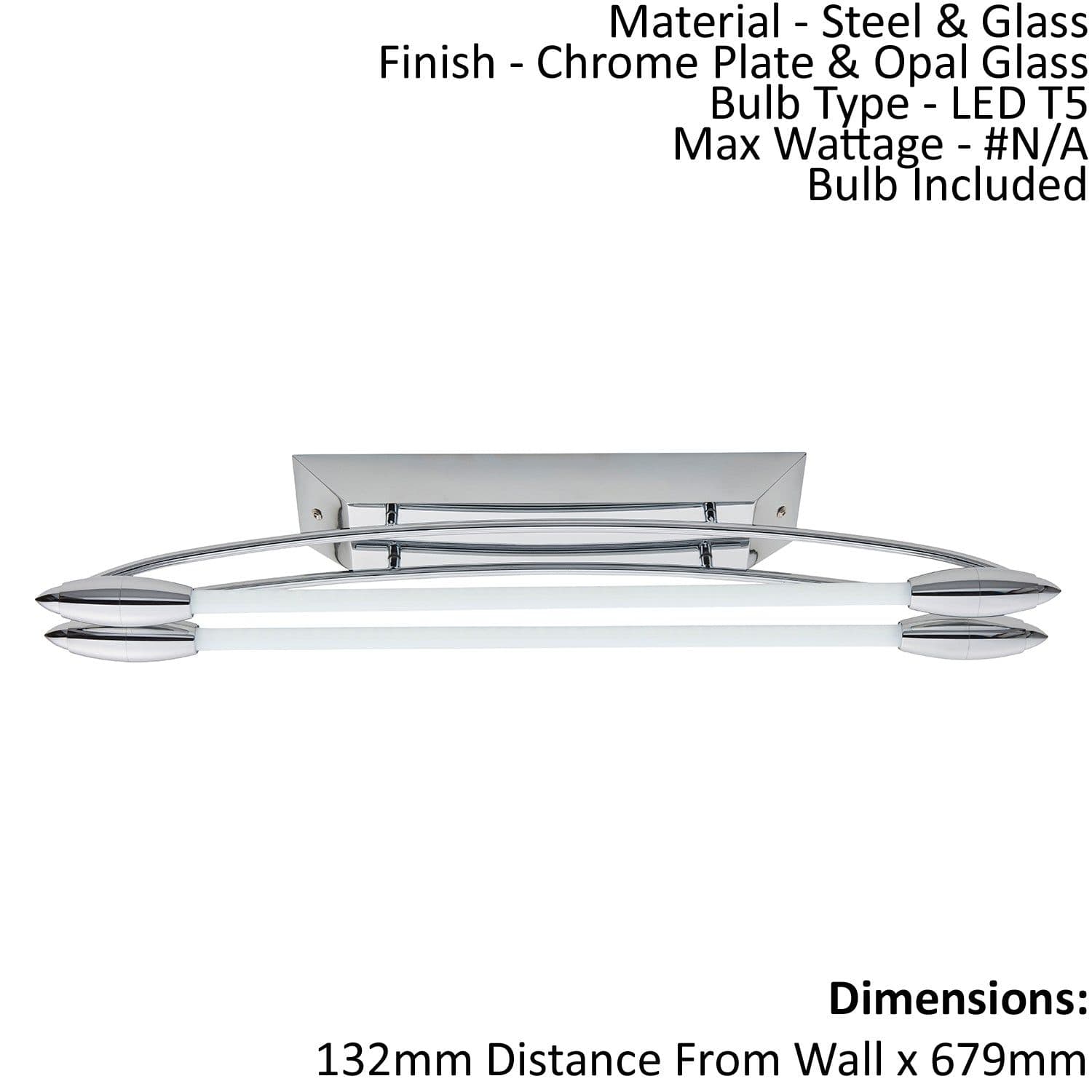 Flush Ceiling Light Chrome Plate & Opal Glass 2 x 8W LED T5 Bulb Included