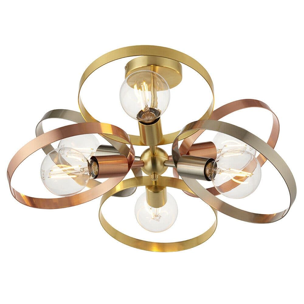 Semi Flush Ceiling Light Satin Brass & Brushed Plate 6 x 40W E27 GLS
