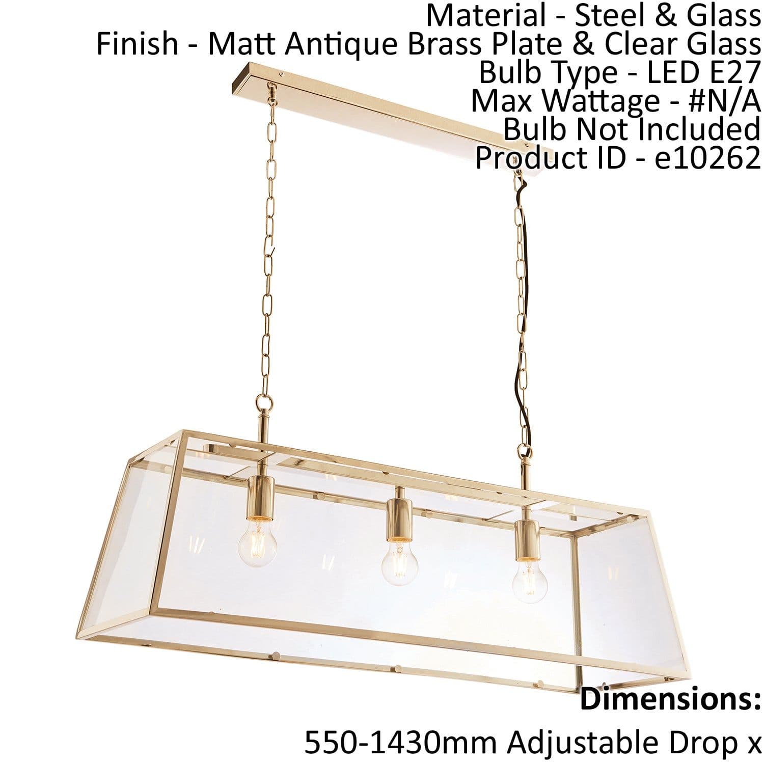Ceiling Pendant Light Matt Antique Brass Plate & Glass 3 x 10W LED E27