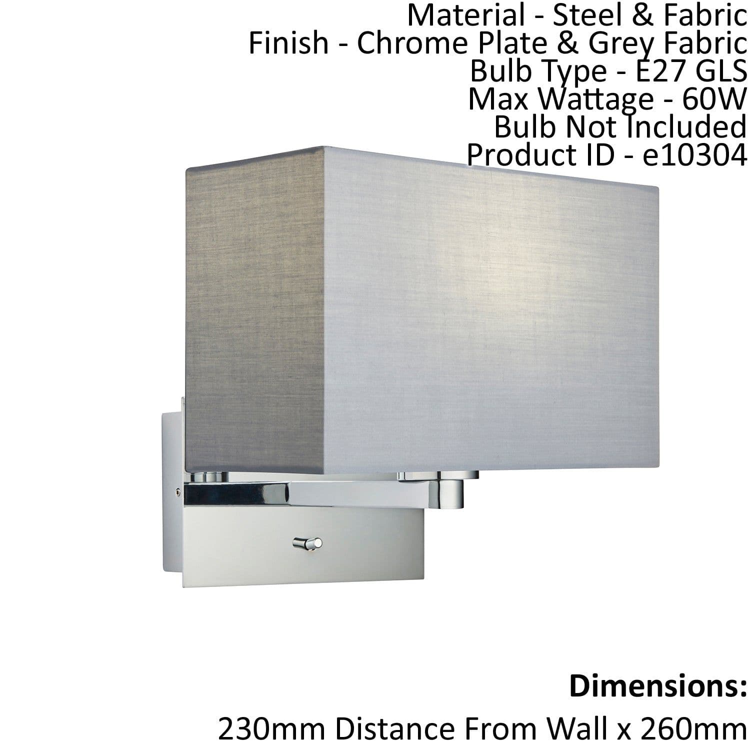 Wall Light & Shade Chrome Plate & Fabric 60W E27 USB Socket e10304