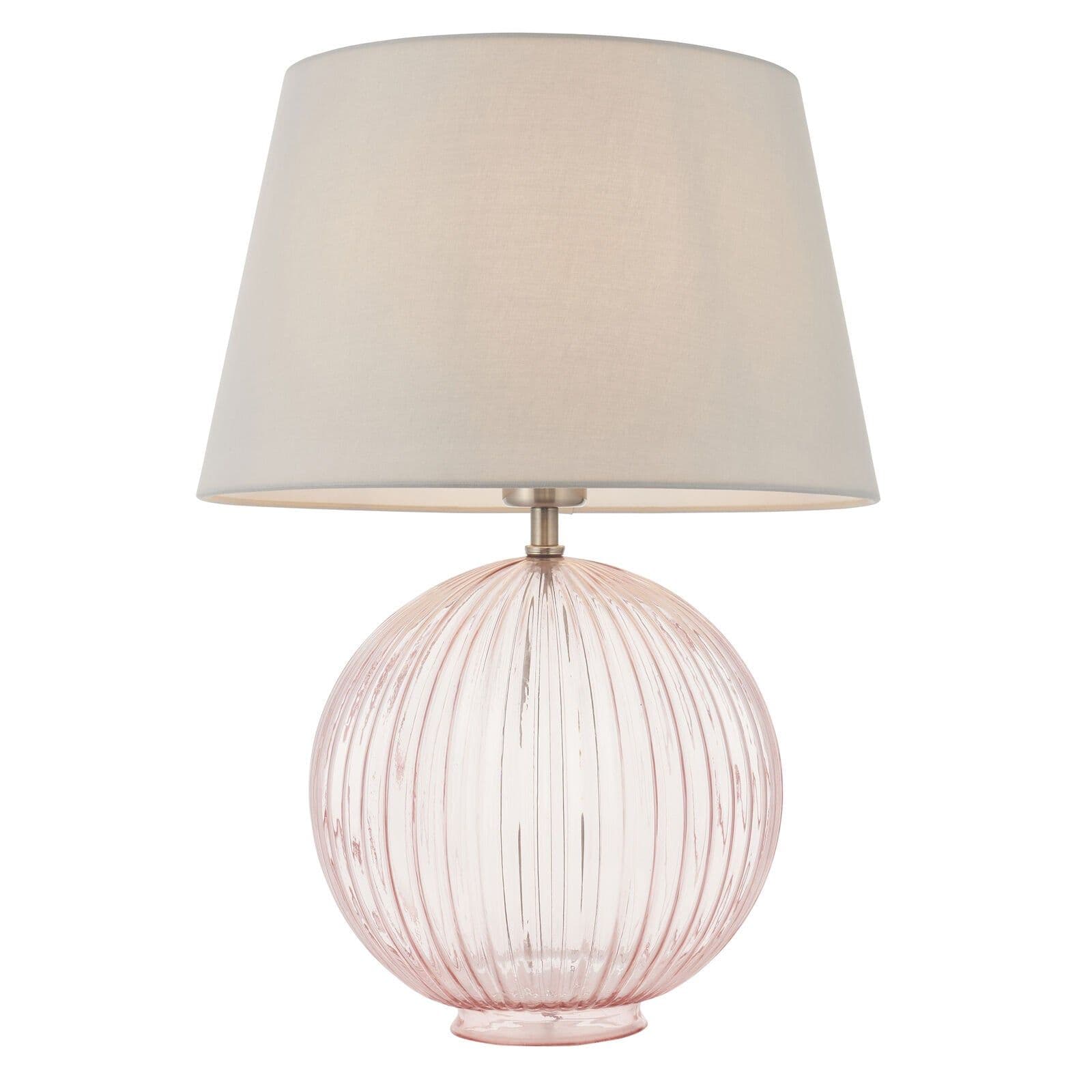 Table Lamp Dusky Ribbed Glass & Pale Grey Cotton 40W E27 Bedside Light