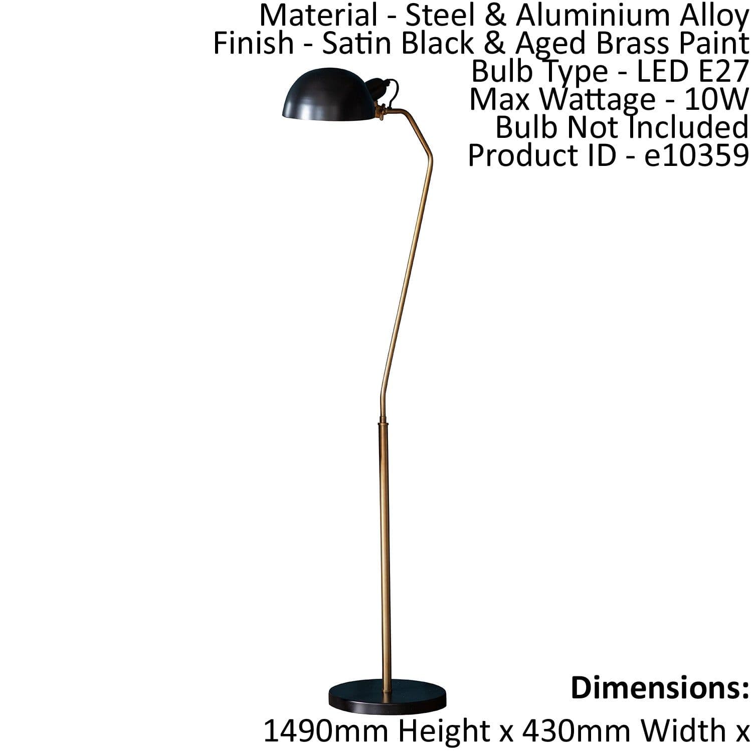 Floor Lamp Light Satin Black & Aged Brass Paint 10W LED E27 Standing