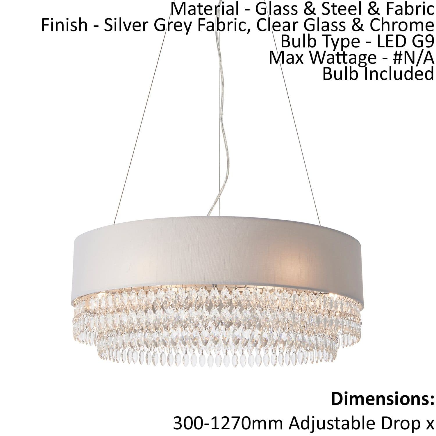 Ceiling Pendant Light Silver Fabric Clear Glass & Chrome 6x2.5W G9