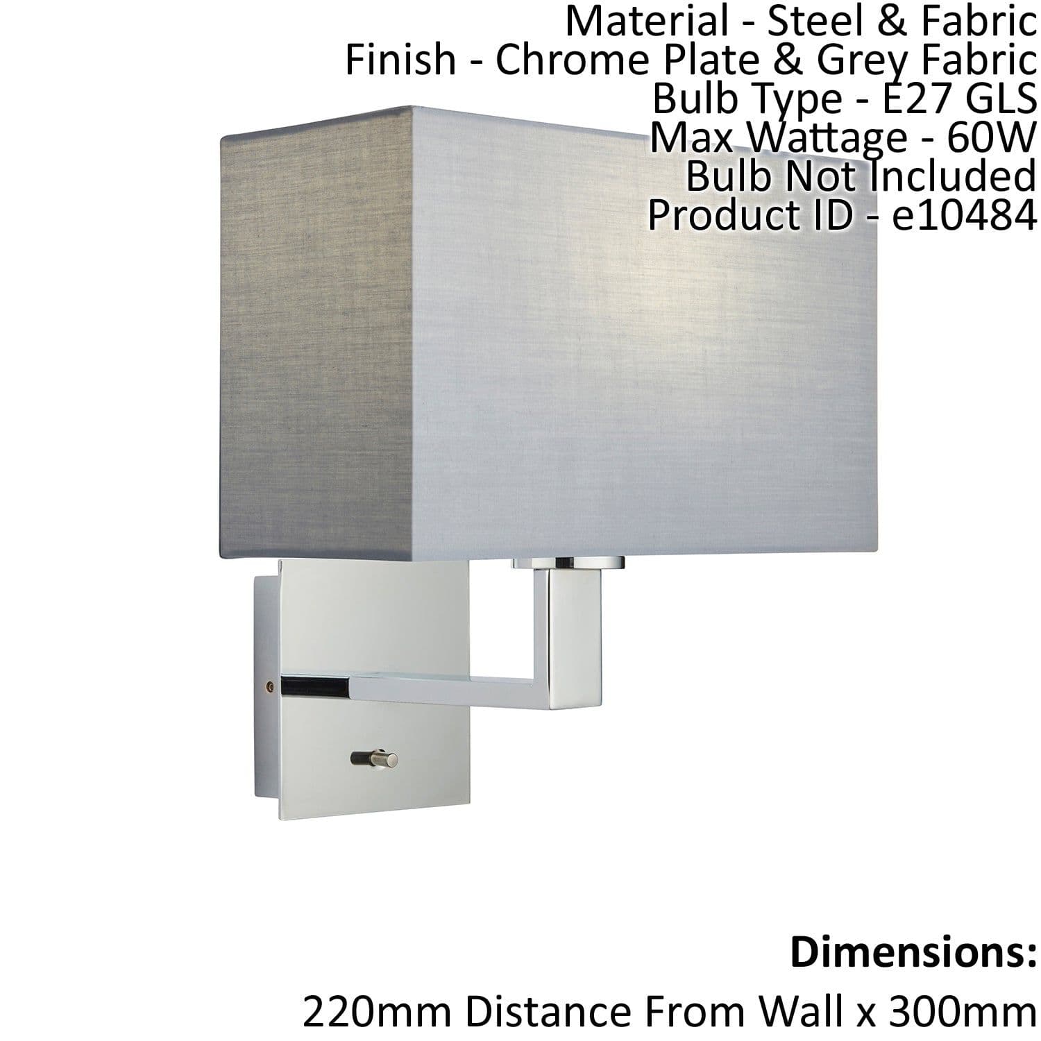 Wall Light & Shade Chrome Plate & Fabric 60W E27 Living Room e10484