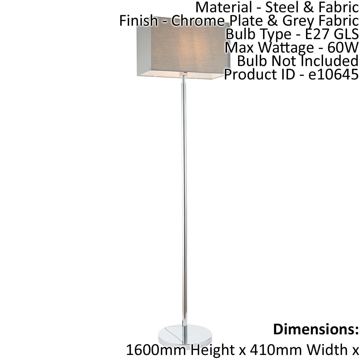 Floor Lamp Light Chrome & Fabric 60W E27 Standing Base & Shade e10645