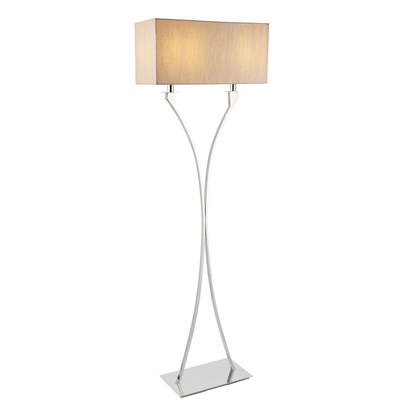 Floor Lamp Light Polished Nickel & Fabric 2 x 60W E27 Complete Lamp