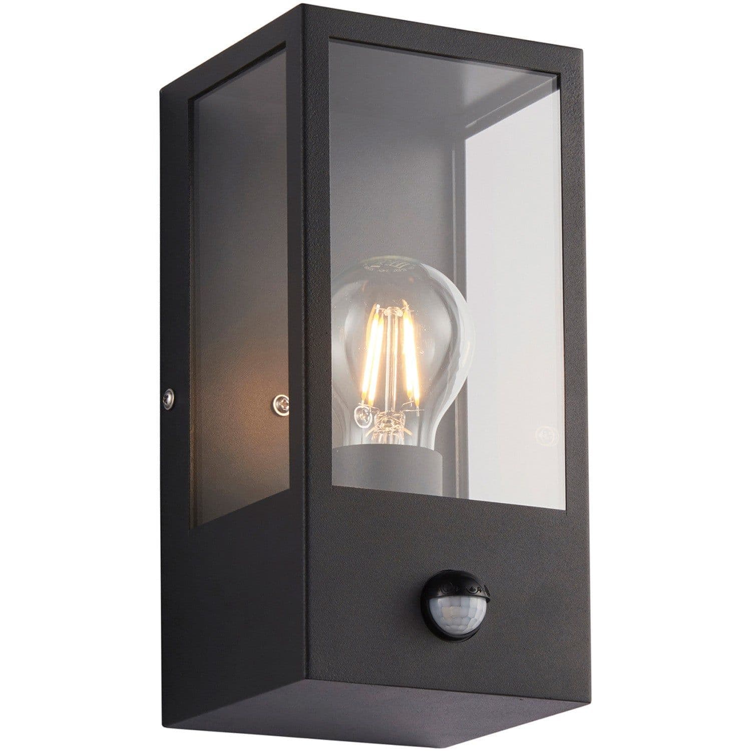 Outdoor Glass Box Style Wall Light PIR 28W Eco GLS LED Matt