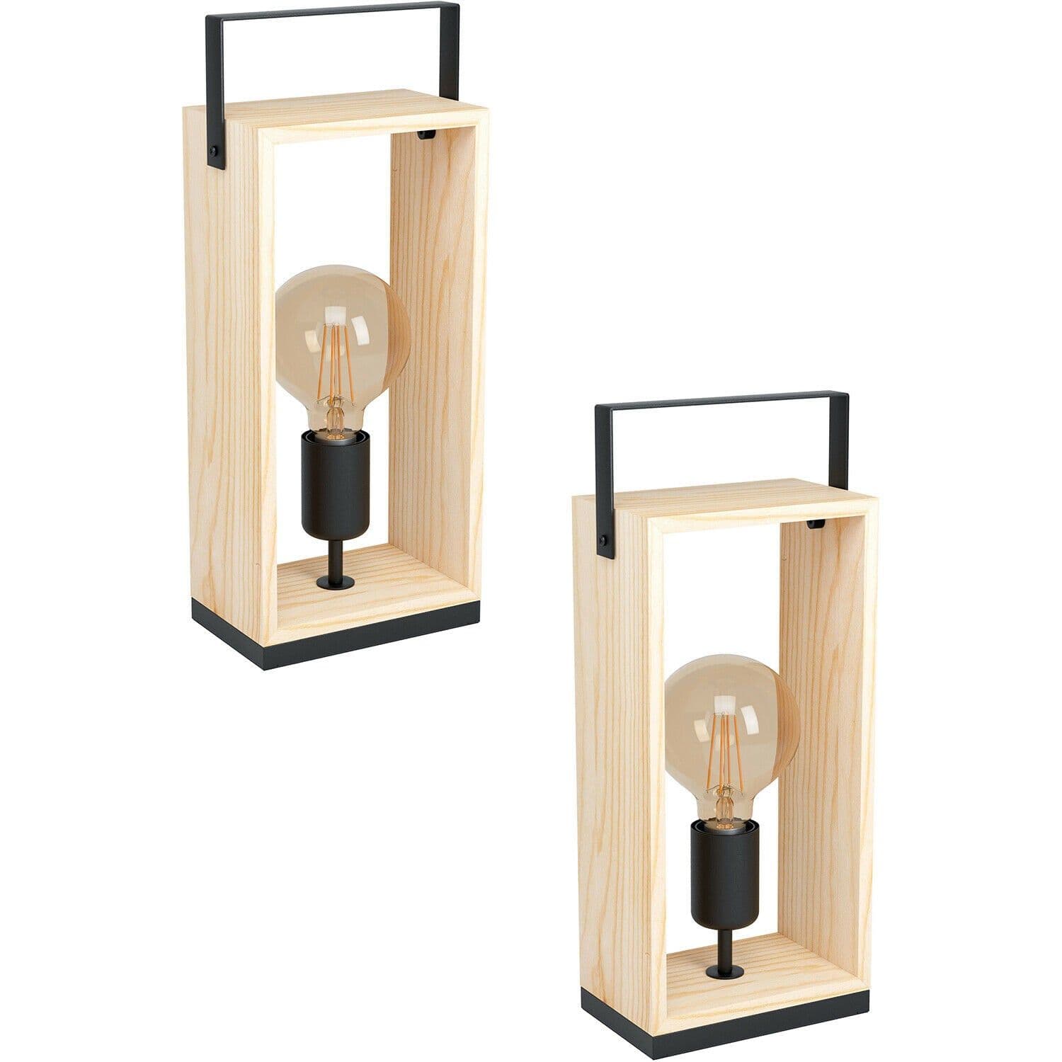 2 PACK Table Lamp Desk Light & Natural Steel & Wood Box 1x 40W E27