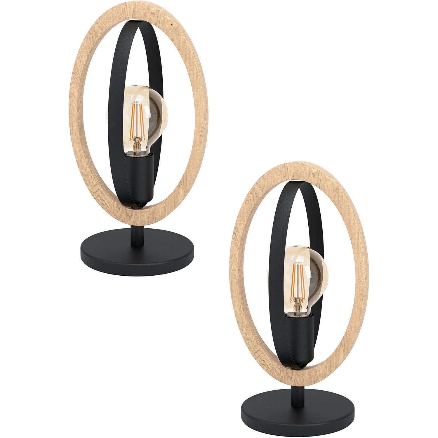 2 PACK Table Lamp Desk Light Steel & Wood Ring Loop Shade 1x 40W E27
