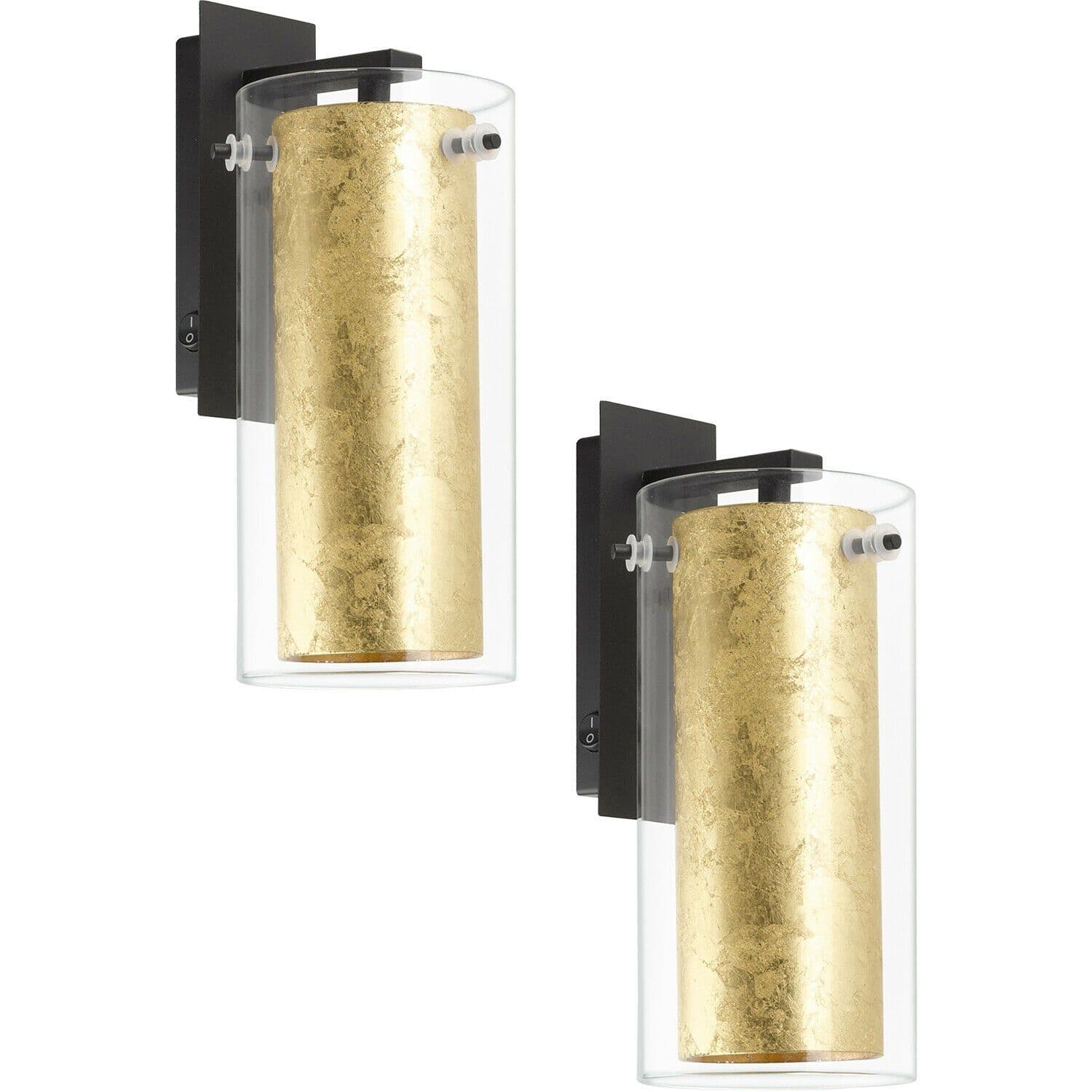 2 PACK Wall Light Back Plate Shade Gold Inner Clear Glass E27 40W
