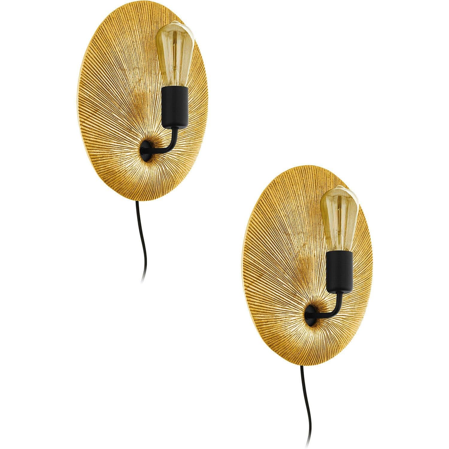 2 PACK Wall Light BlackFan Shaped Back Plate Plug Bulb E27 1x60W