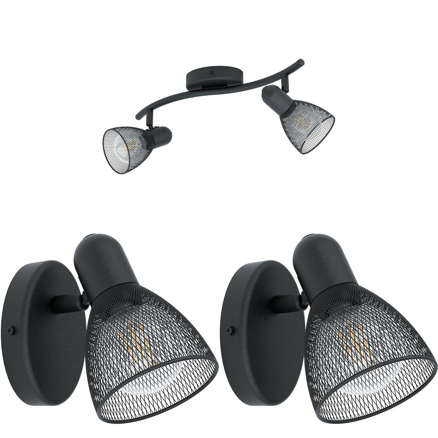 Twin Ceiling Spot Light & 2x Matching Wall Lights Mesh Adjustable Head