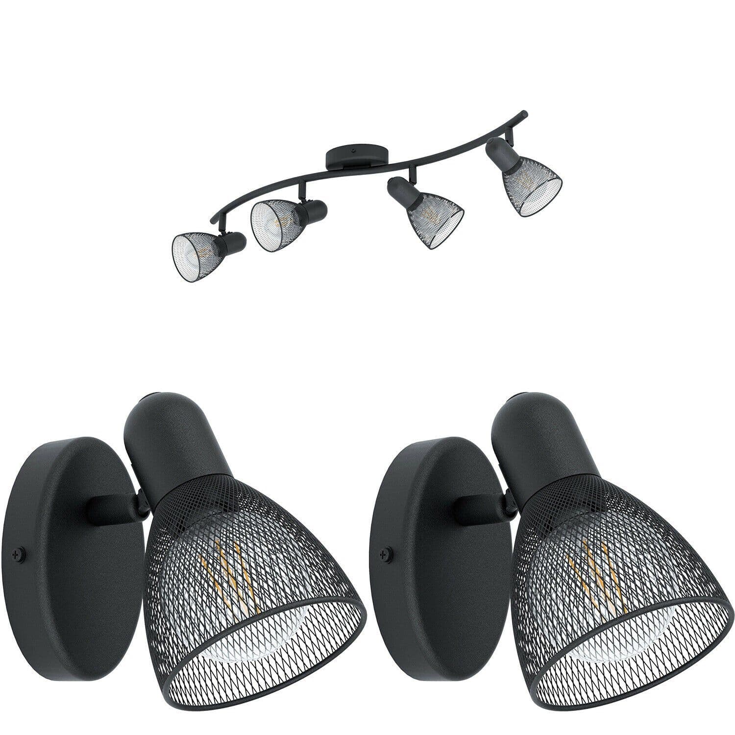 Quad Ceiling Spot Light & 2x Matching Wall Lights Mesh Adjusatble Head
